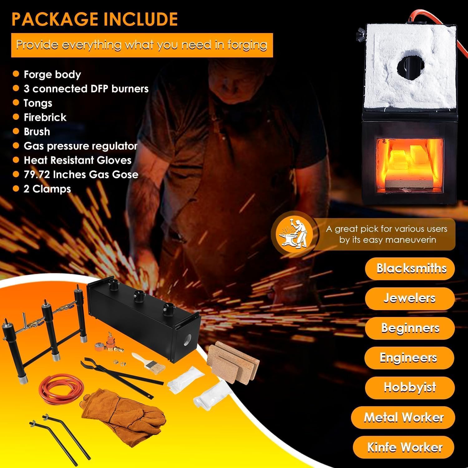 High-Temperature 2700℉ Propane Forge with 3 Burners - Large Square Blacksmith Gas Forge Kit with V-Bit Tongs & Leather Gloves - Perfect for Farrier Work, Knife Making, and Metal Tool Crafting - Ideal for DIY Blacksmithing, Jewelry Making, and Metalworking Projects