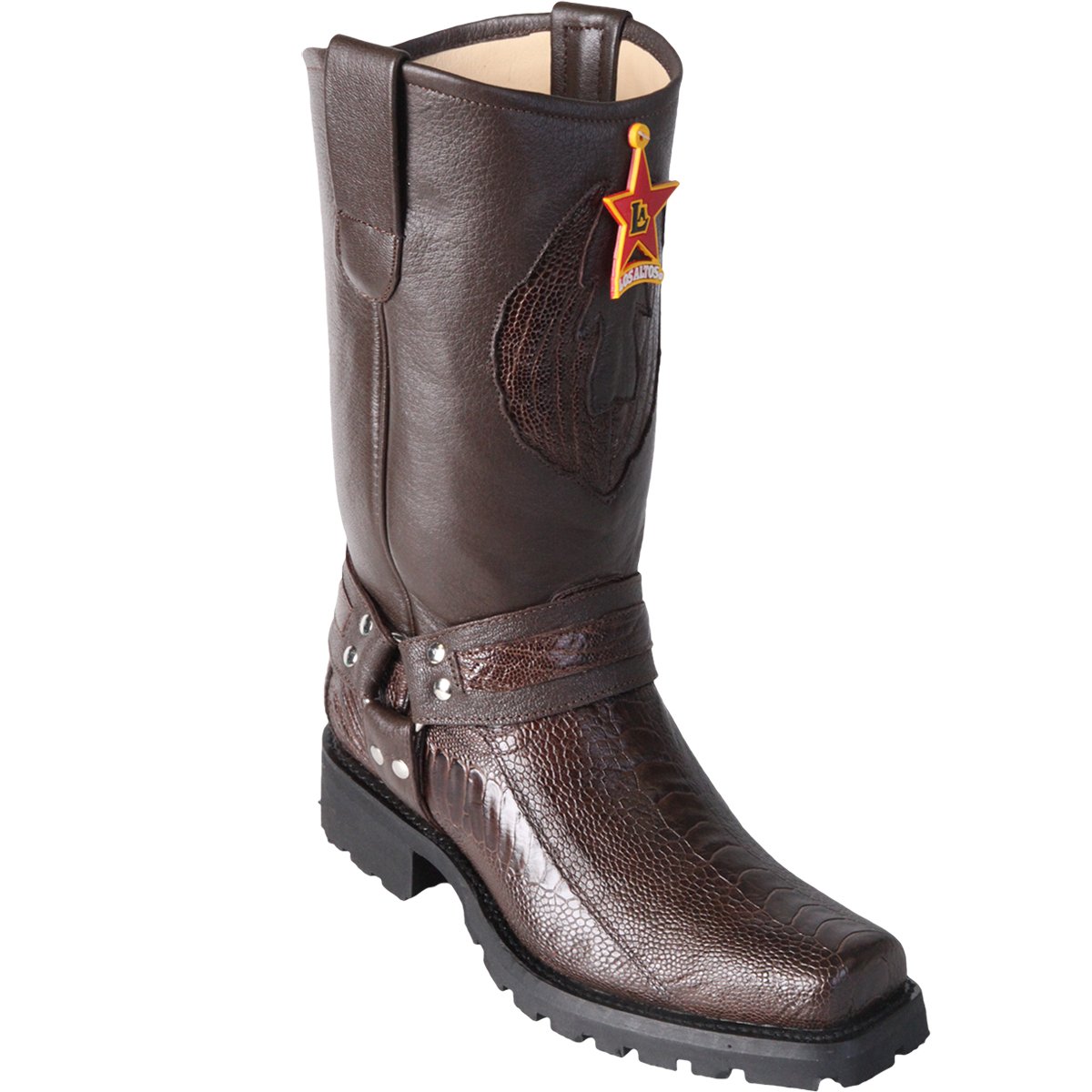 Original Brown Ostrich Leg Leather Biker Toe Boots for Men - Durable & Stylish Motorcycle Riding Footwear - Perfect for Biker Outfits, Casual Wear & Outdoor Adventures