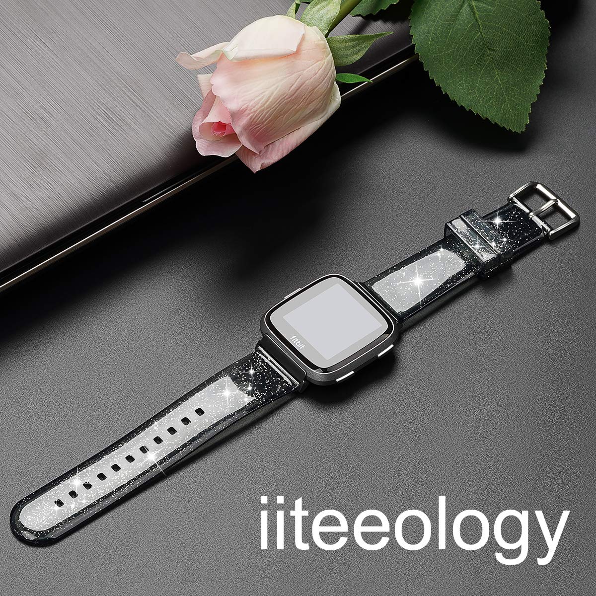 iiteeology Compatible with Fitbit Versa Bands - Soft TPU Clear Glitter Watch Band for Fitbit Versa 2/Versa Lite/Versa SE - Women's Smartwatch Accessory in Black & Silver | Perfect for Workouts, Daily Wear & Fashion Style