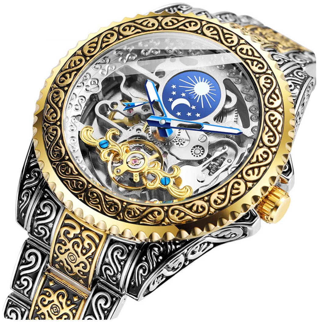 Gosasa Retro Skeleton Automatic Mechanical Watch for Men - Self-Winding Tourbillon with 24H Moon Phase & Big Dial - Perfect for Business, Formal Events & Collector's Display