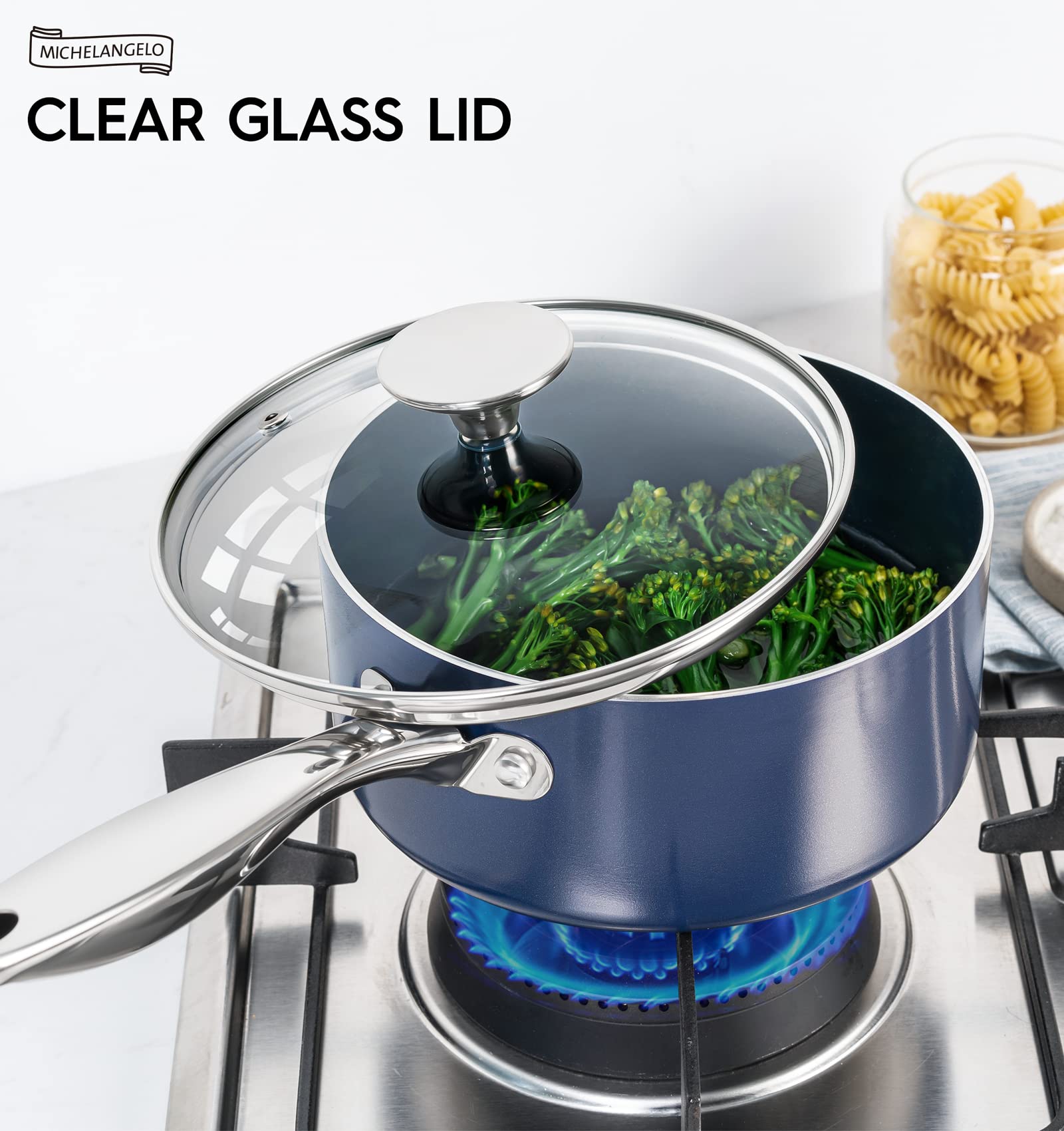 MICHELANGELO 1Qt & 2Qt Ceramic Nonstick Saucepan Set with Lids - Stainless Steel Handle, Oven Safe Cookware (Blue) - Perfect for Boiling, Simmering & Sauce Making in Home Kitchens