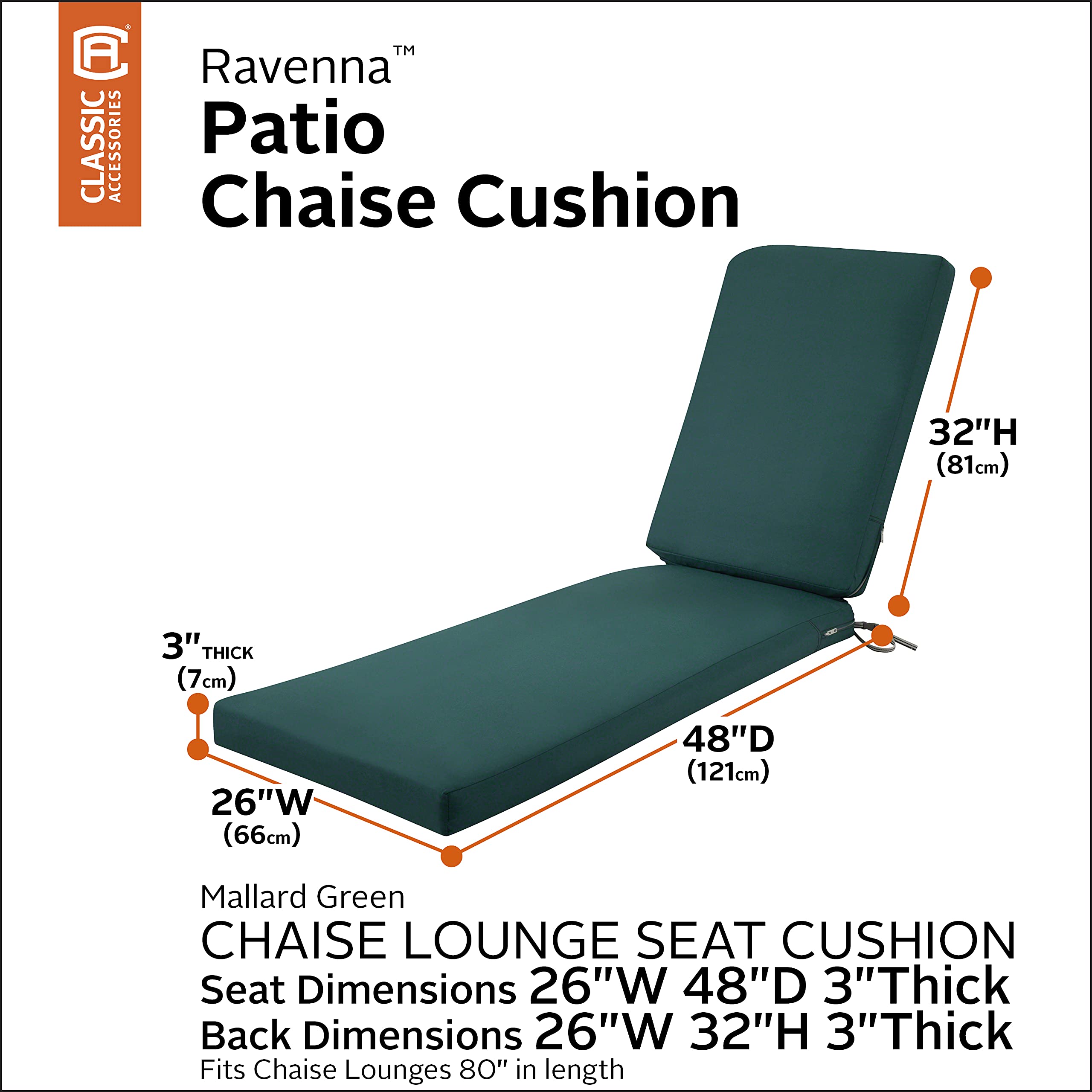 Classic Accessories Ravenna Water-Resistant Patio Chaise Cushion - 80 x 26 x 3 Inch Outdoor Seat Cushion in Mallard Green - Perfect for Poolside Lounging, Deck Chairs & Patio Furniture Comfort