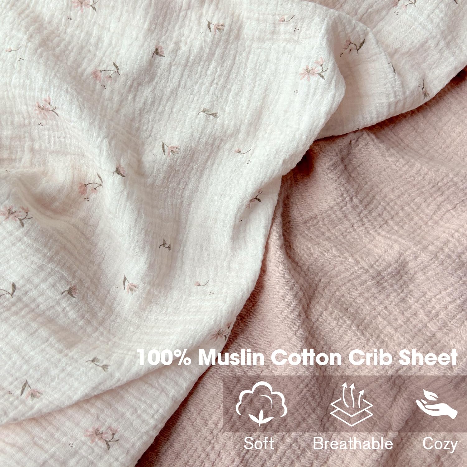 Little Grape Land 2-Pack Muslin Crib Sheets - 100% Cotton Soft Breathable Fitted Baby Bed Sheets for Standard Crib (52x28 inches) - Neutral Fog Flower Design for Boys & Girls - Perfect for Nursery, Daycare & Travel