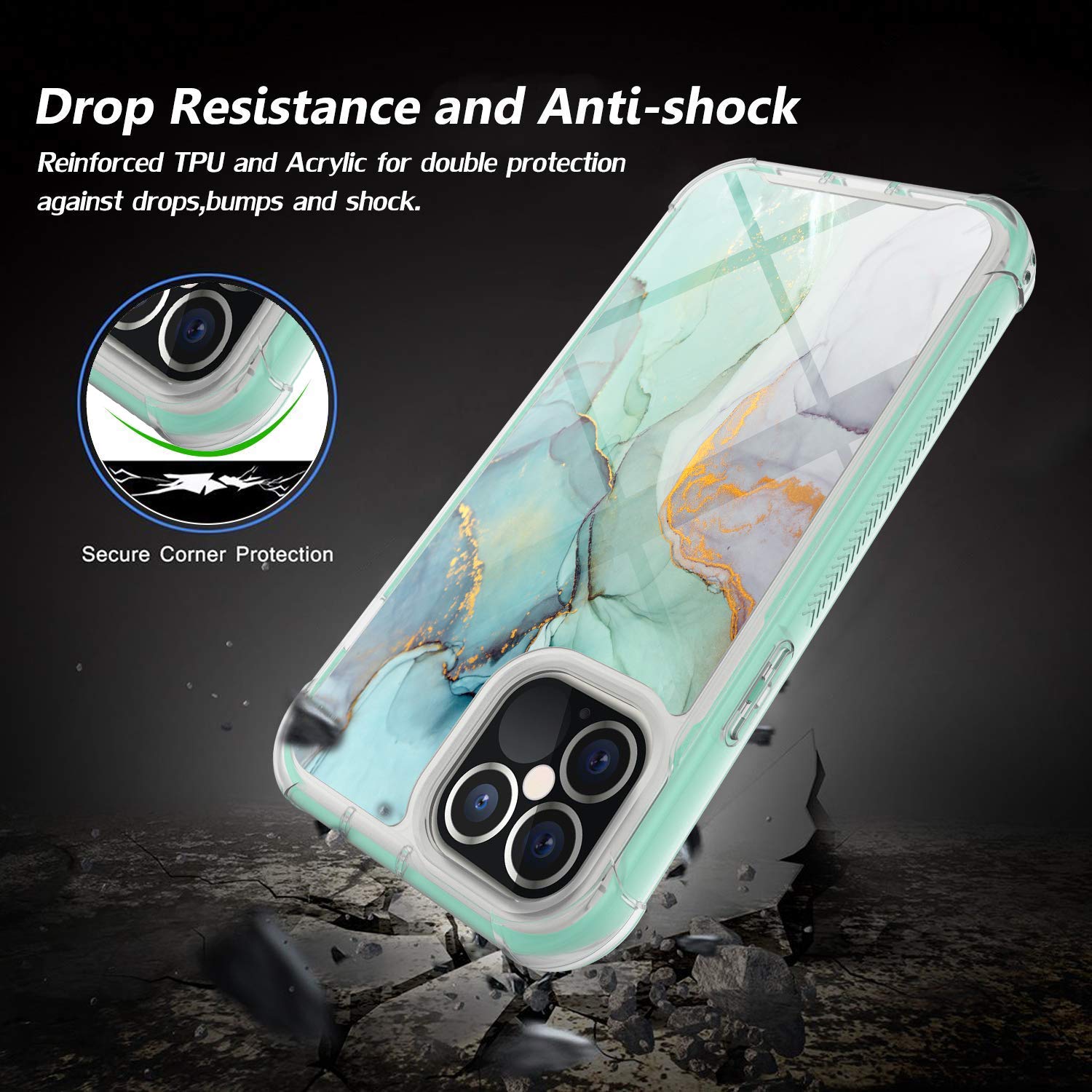 iPhone 12 Pro Max Case 6.7 Inch - Rosebono Hybrid IMD Design, Anti-Scratch Fashion Silicone Cover with Graphic Print, Cute Colorful Protective Skin for iPhone 12 Pro Max (Green Marble) - Perfect for Daily Use, Travel & Outdoor Activities
