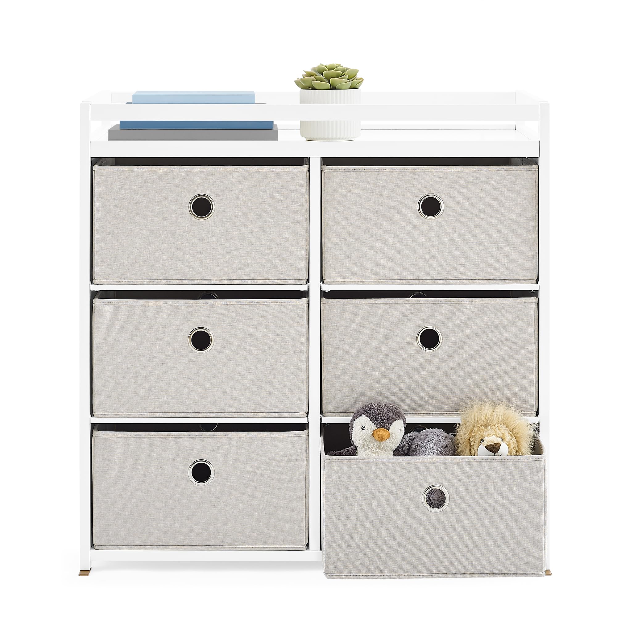 Delta Children Hayes Changing Table & Dresser - 6 Fabric Drawer Nursery Organizer in Bianca White/Flax Bins | Baby Changing Station with Storage for Diapers, Wipes & Clothes | Perfect for Nursery, Bedroom & Baby Shower Gifts