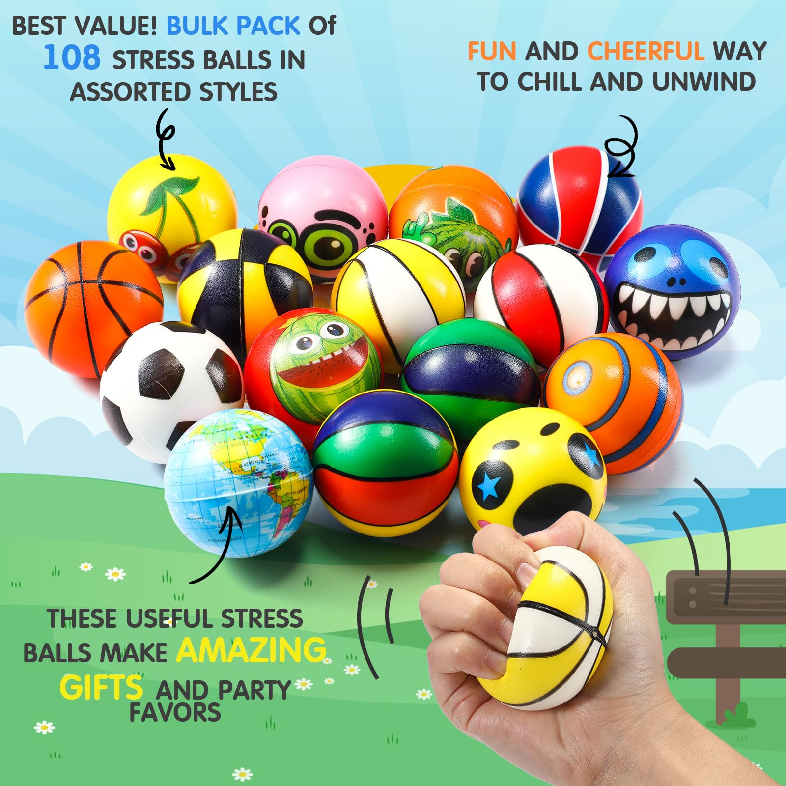 108 Pcs Mini Stress Balls Bulk - 2.4 Inch Sensory Fidget Toys for Stress Relief, Hand Exercise & Party Favors | Soft Assorted Stress Balls for Adults, Teens, Classroom Prizes, Treasure Box & Office Desk Relaxation