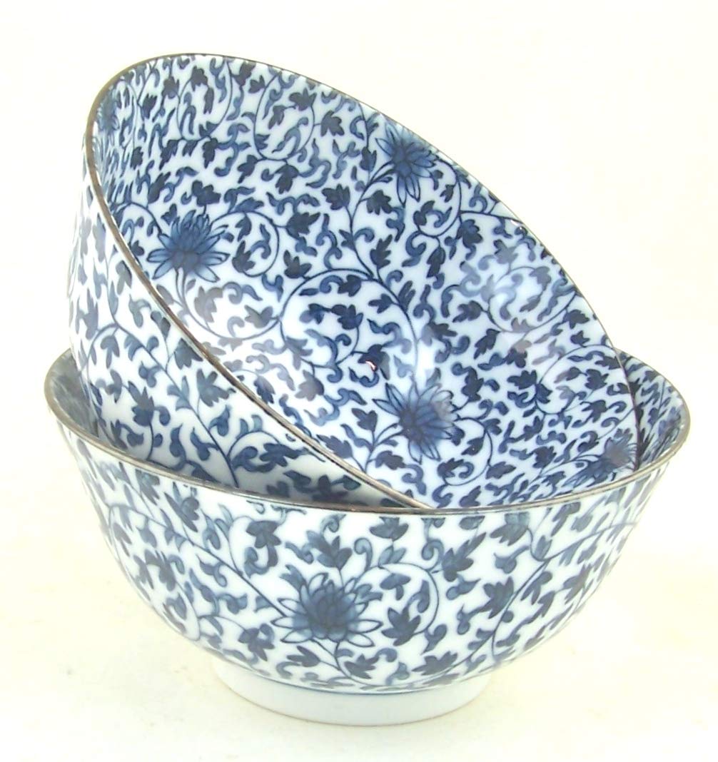 Japanese Sometstuke Fine China Bowls - Set of 2 Blue Floral Chintz Rice Cereal Pasta Soup Noodles Bowls - Perfect for Asian Cuisine, Home Dining & Gift Giving
