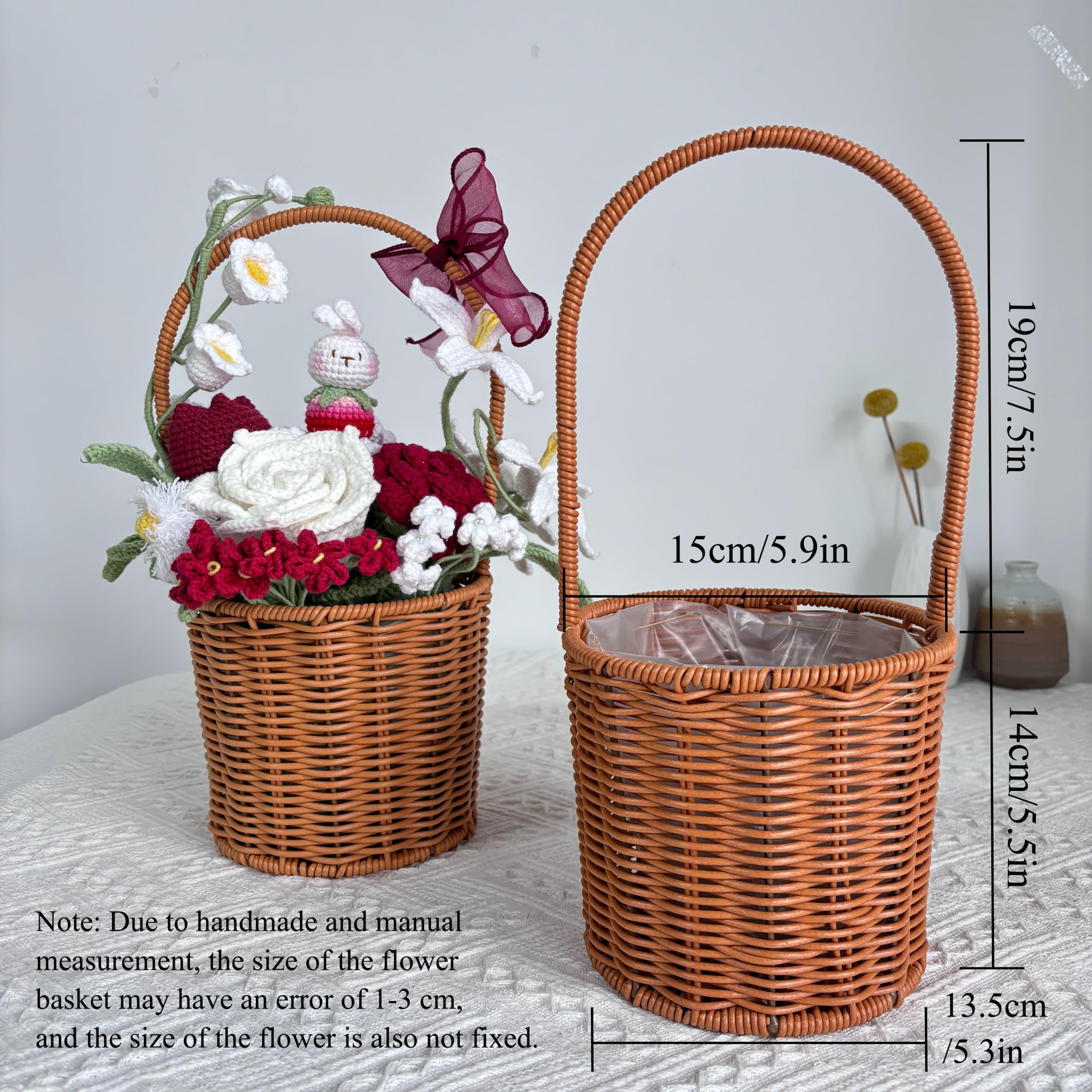 JOMODECOR Handmade Crochet Flower Basket - Artificial Potted Flowers with Strawberry, Bunny, Daisy, Tulip & Rose - Perfect Gift for Girlfriend, Mom & Women - Home Office Desk & Bedroom Decor (Red) - Ideal for Wedding Centerpieces, Baby Showers & Spring Home Decor