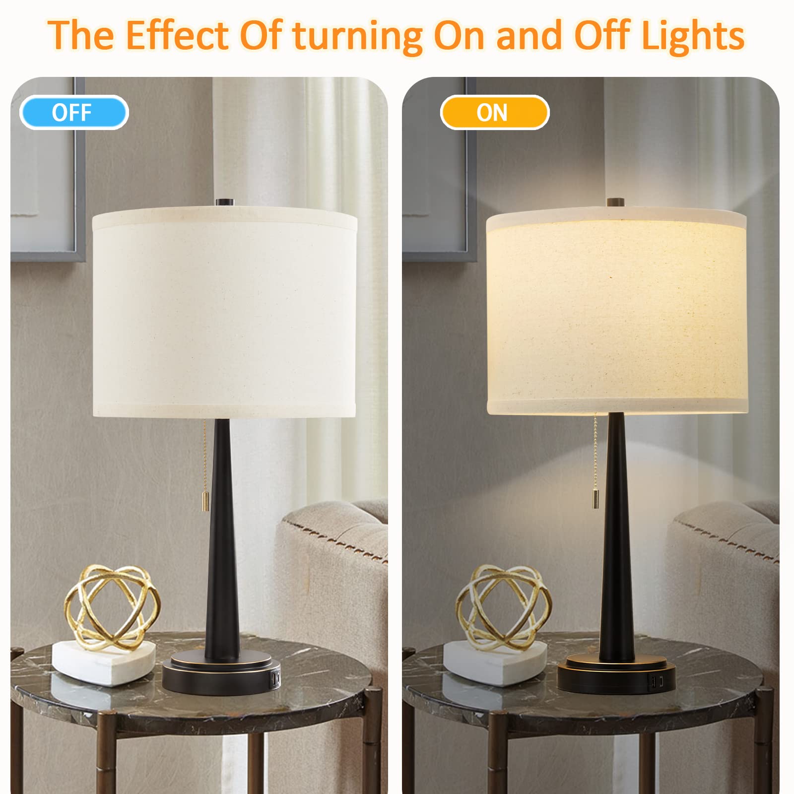 GyroVu Modern LED Table Lamp Set of 2 - USB-C/A Charging Nightstand Lamps with Pull Chain Switch, 9W Bulbs Included (Matte Black) - Perfect for Living Room, Bedroom & Office Lighting