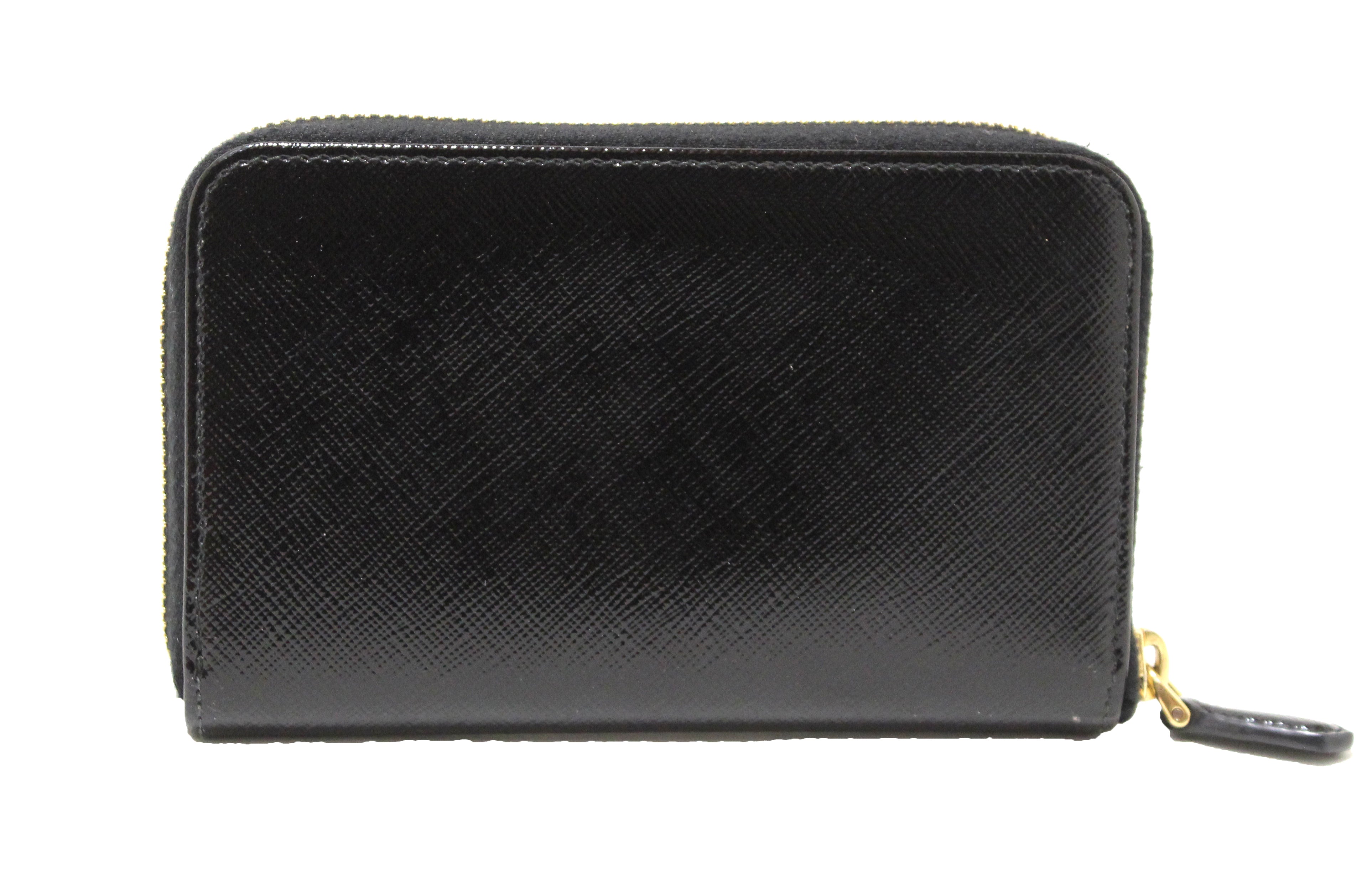 Authentic Prada Black Patent Saffiano Leather Zip Around Wallet for Women | Luxury Designer Bifold Wallet with RFID Protection | Perfect for Everyday Use, Travel & Gifts