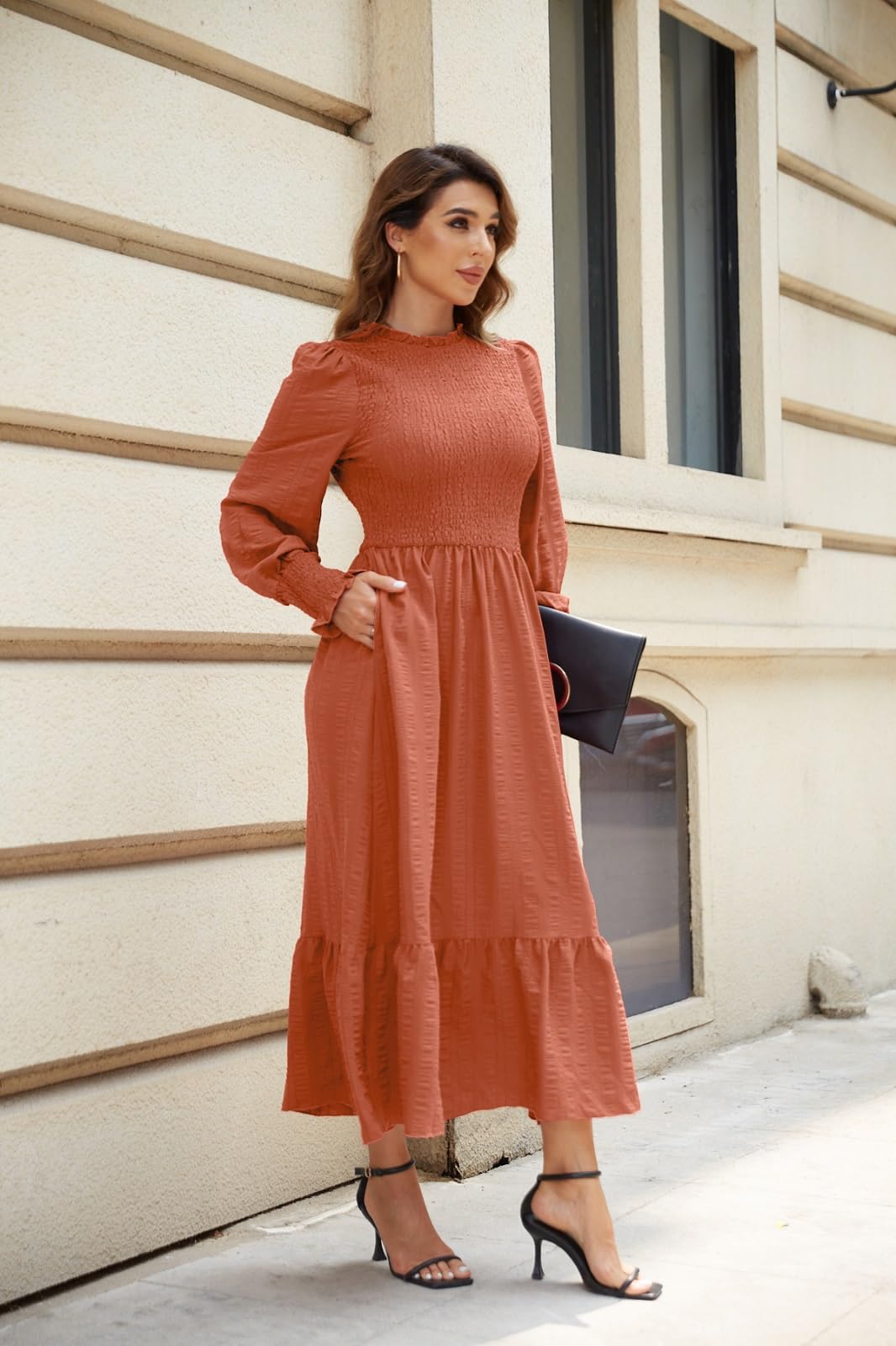 Women's 2025 Spring Fall Midi Dress - Casual Long Sleeve Crew Neck Smocked Tiered Flowy Dresses with Pockets | Perfect for Office, Date Night & Weekend Outings