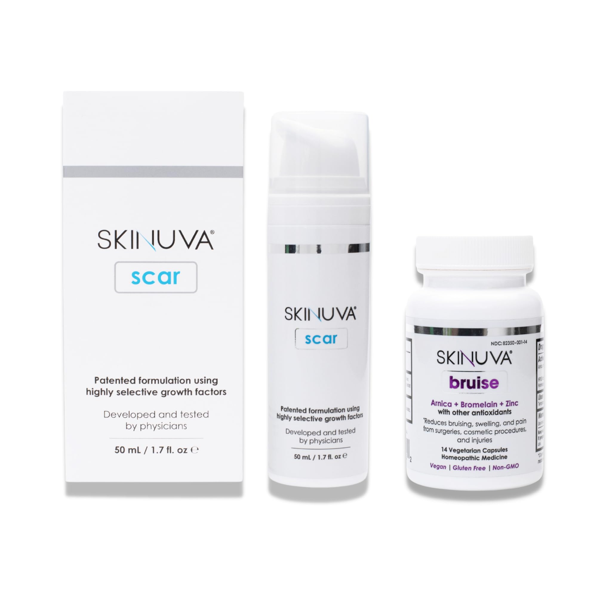 Next Generation Scar Cream (1.7 oz) & Skinuva Bruise Supplement (14 Capsules) | Advanced Scar Removal with Arnica, Bromelain & Zinc | Bruise & Swelling Relief | Homeopathic Remedy for Post-Surgery, Injury Recovery & Skin Care