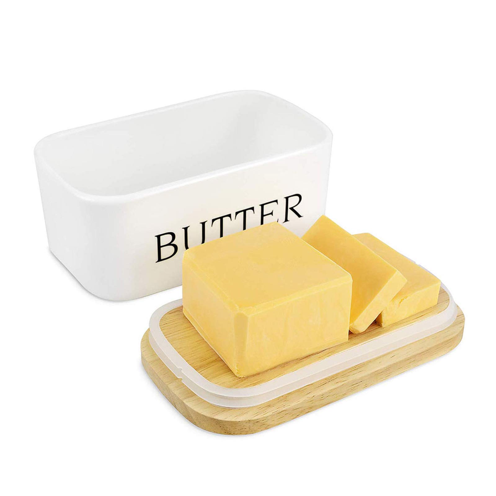 Ceramic Butter Dish with Lid - Large Butter Keeper Container with Bamboo Cover & Silicone Seal - Includes Butter Knife - Perfect for Kitchen, Dining Table, and Gift Giving - Ideal for Keeping Butter Fresh at Room Temperature