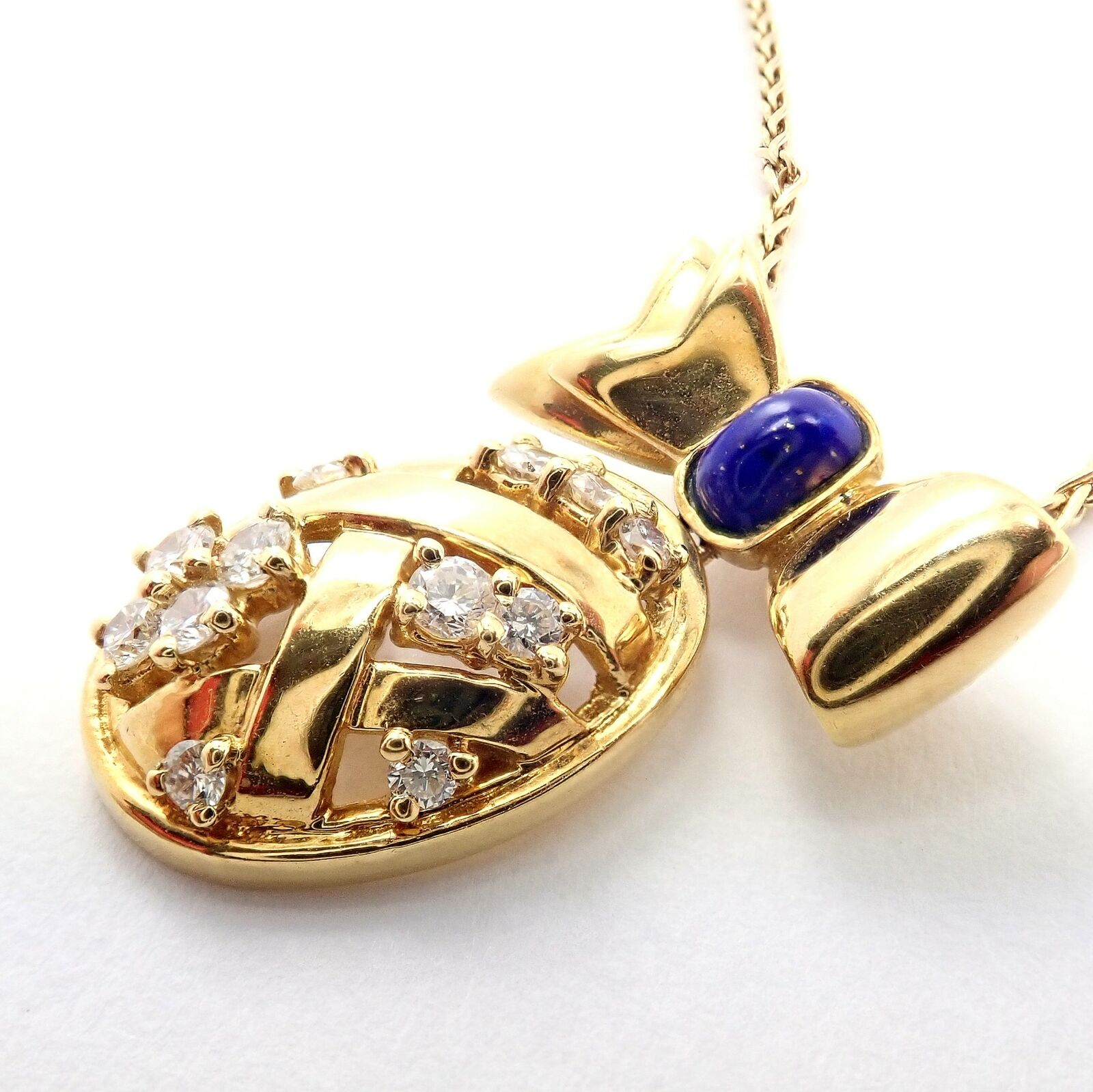 Authentic Christian Dior 18k Yellow Gold Lapis Diamond Egg Pendant Necklace - Luxury Jewelry Gift for Women, Perfect for Weddings & Special Occasions