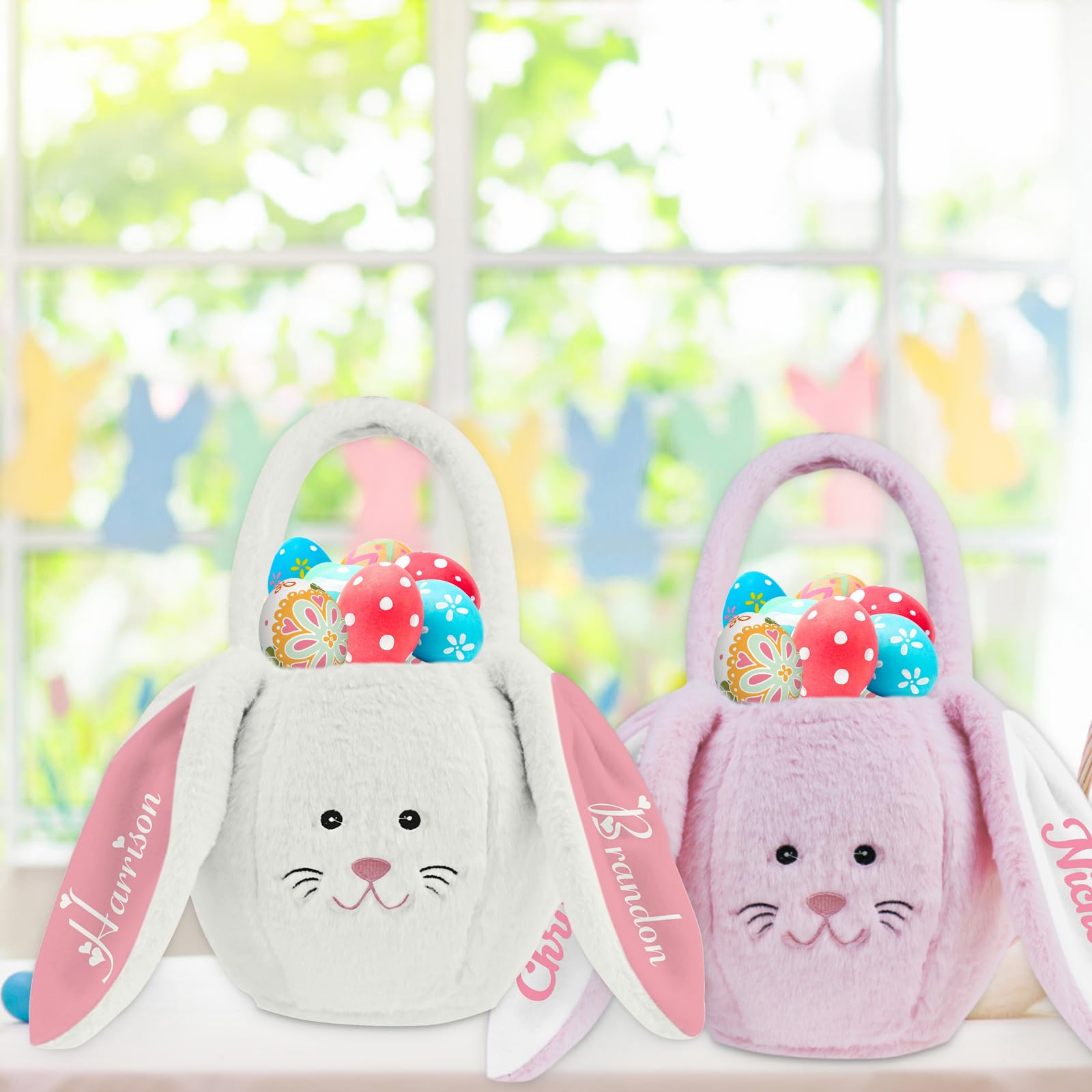 Personalized Easter Basket with Handle - Custom Name Easter Plush Bunny Ear Gift Bag for Boys & Girls (Pink) - Perfect for Easter Egg Hunts, Spring Celebrations & Holiday Gifting