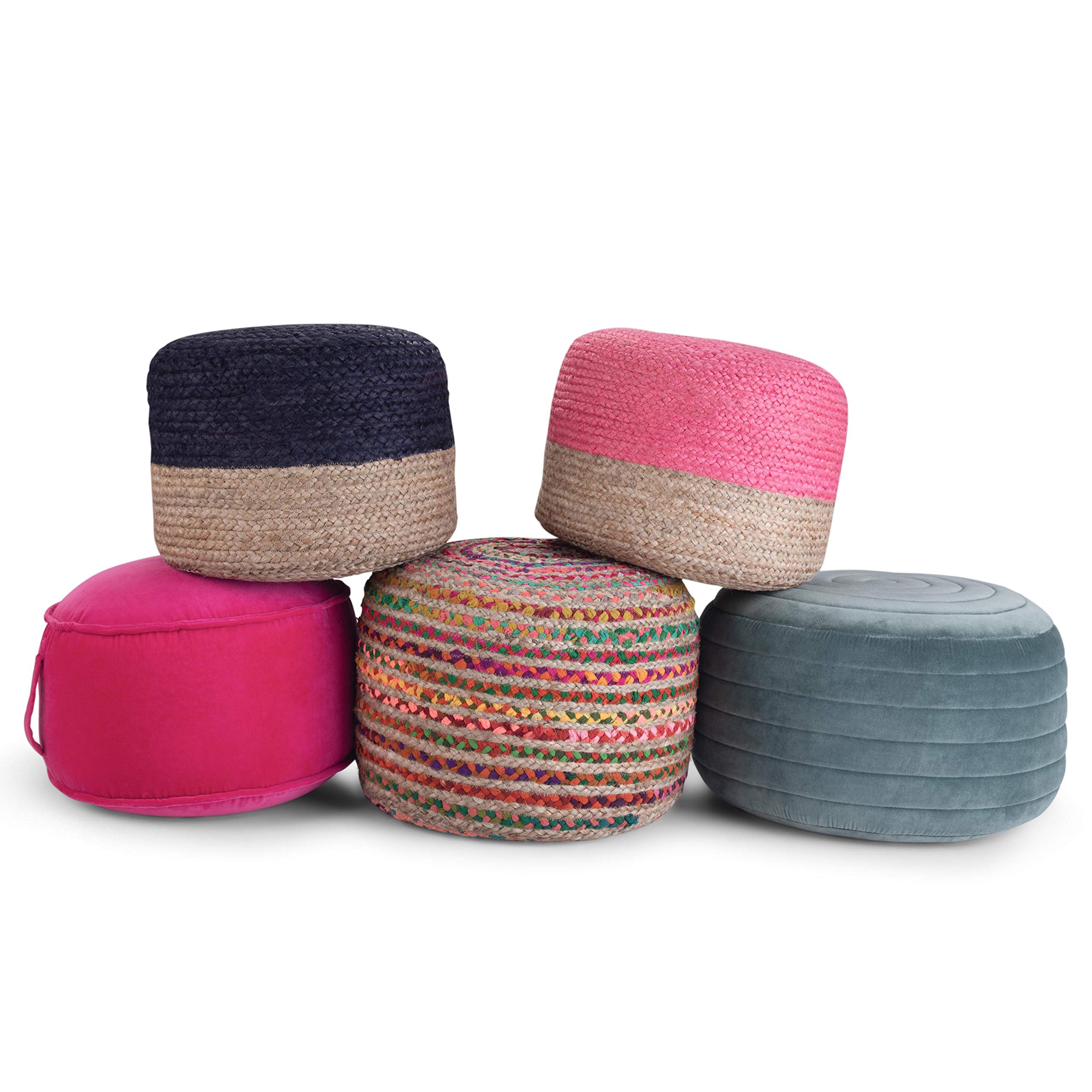 SIMPLIHOME Lydia Round Pouf - Pink Upholstered Footstool with Natural Braided Jute Accent | Boho Chic Ottoman for Living Room, Bedroom & Nursery | Perfect for Relaxing, Extra Seating & Home Decor