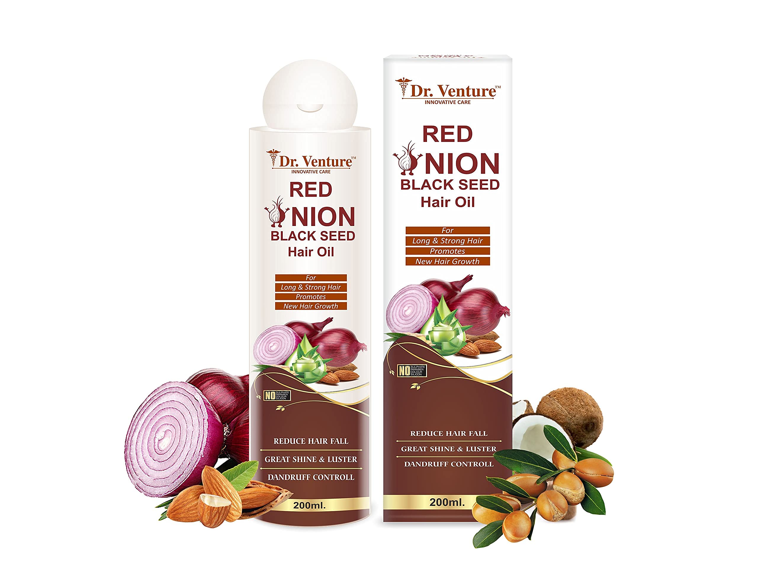 Dr. Venture Onion Hair Oil with Black Seed & Essential Oils - Reduces Hair Fall, No Mineral Oil, Silicone or Synthetic Fragrance - 200ml | Natural Hair Growth Treatment for Thinning Hair, Dry Scalp & Split Ends | Perfect for Daily Hair Care Routine & Scalp Massage