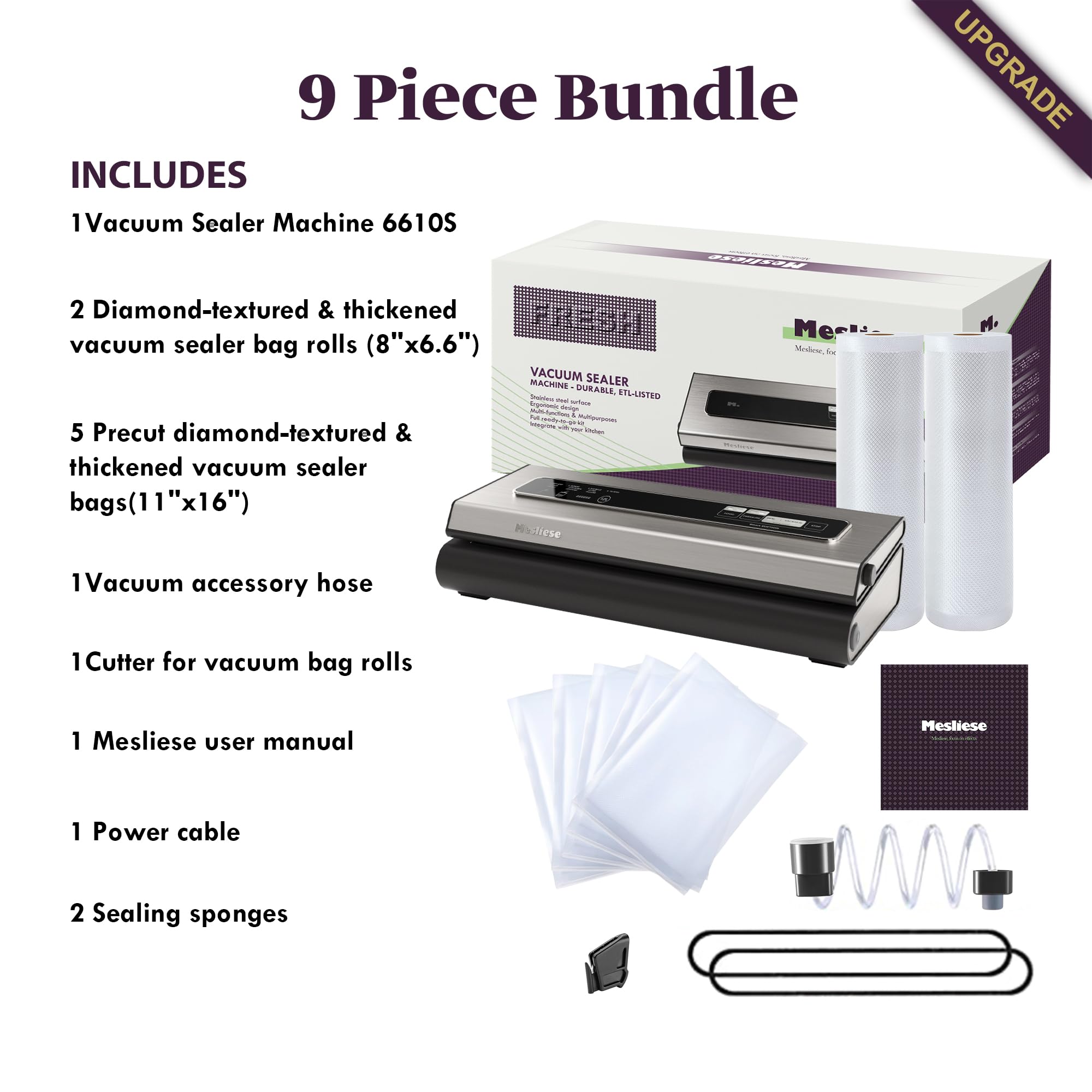 Powerful 90Kpa Vacuum Sealer Machine - 6-in-1 Compact Food Preservation System with Cutter, 2 Bag Rolls & 5 Pre-cut Bags, 12mm Wide Sealing Strip for Dry & Moist Foods | Perfect for Meal Prep, Sous Vide, Freezing & Long-Term Food Storage (Silver)