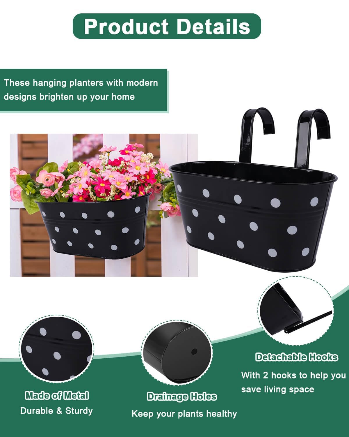 Vensovo 3-Pack Black Metal Railing Planters for Outdoor - Oval Hanging Planter Box with Detachable Hooks & Drain Holes - Perfect for Balcony, Garden Fence & Deck Decor (Spot Design)