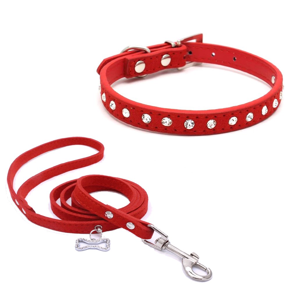 Sparkling Rhinestone Studded Leather Dog Collar & Leash Set - Red, XS (10