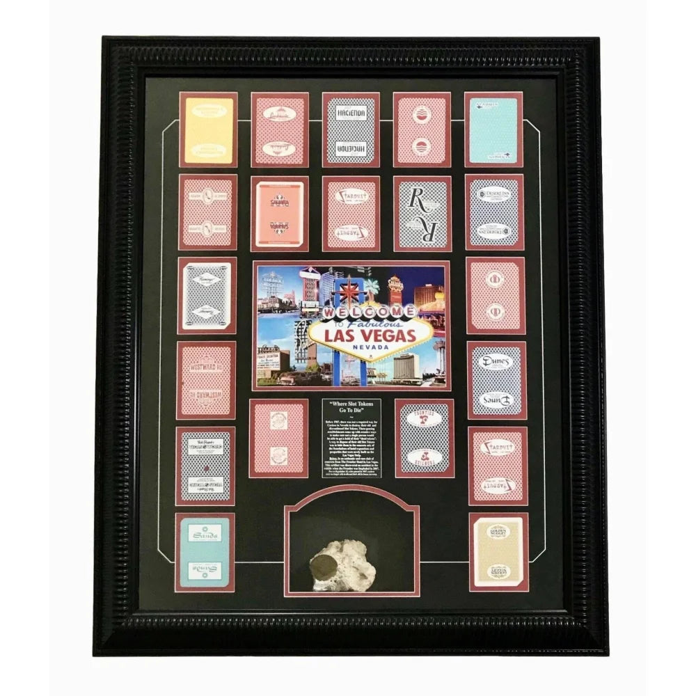 Vintage Frontier Hotel Concrete Slot Token & Las Vegas Playing Card Collage - Unique Poker Collectible for Casino Memorabilia Displays & Game Room Decor