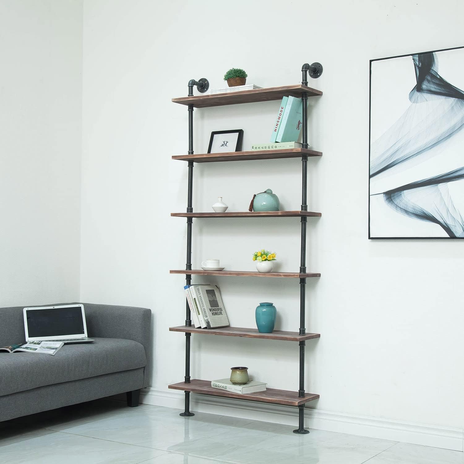 Industrial Pipe Shelves - Rustic Wood Ladder Bookshelf Wall Mounted Shelf for Living Room Decor & Storage (32in, 6 Layers) - Perfect for Home Office, Bedroom, and Kitchen Organization