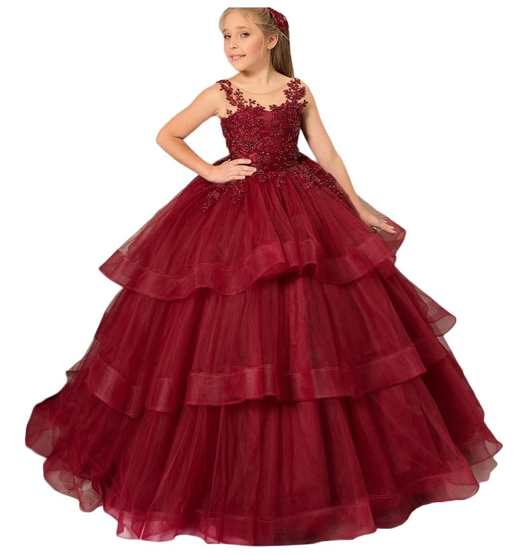 USGitke Scoop Neck Tiered Christmas Princess Flower Girl Dress with Appliques - Baby & Kids Wedding Party Costume for Holiday Pageants, Birthday Celebrations & Special Occasions