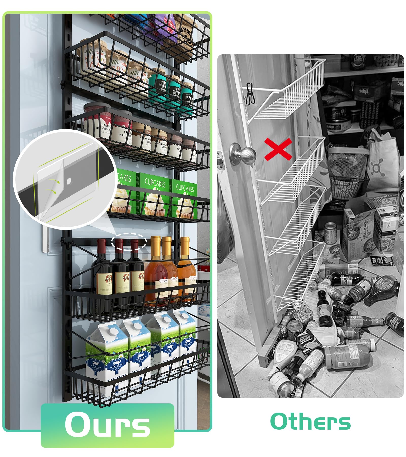 Over The Door Pantry Organizer - 6-Tier Adjustable Hanging Baskets, Metal Wall Mount Spice Rack for Kitchen, Bathroom & Laundry Storage | Space-Saving Home Organization Solution for Spices, Toiletries & Cleaning Supplies