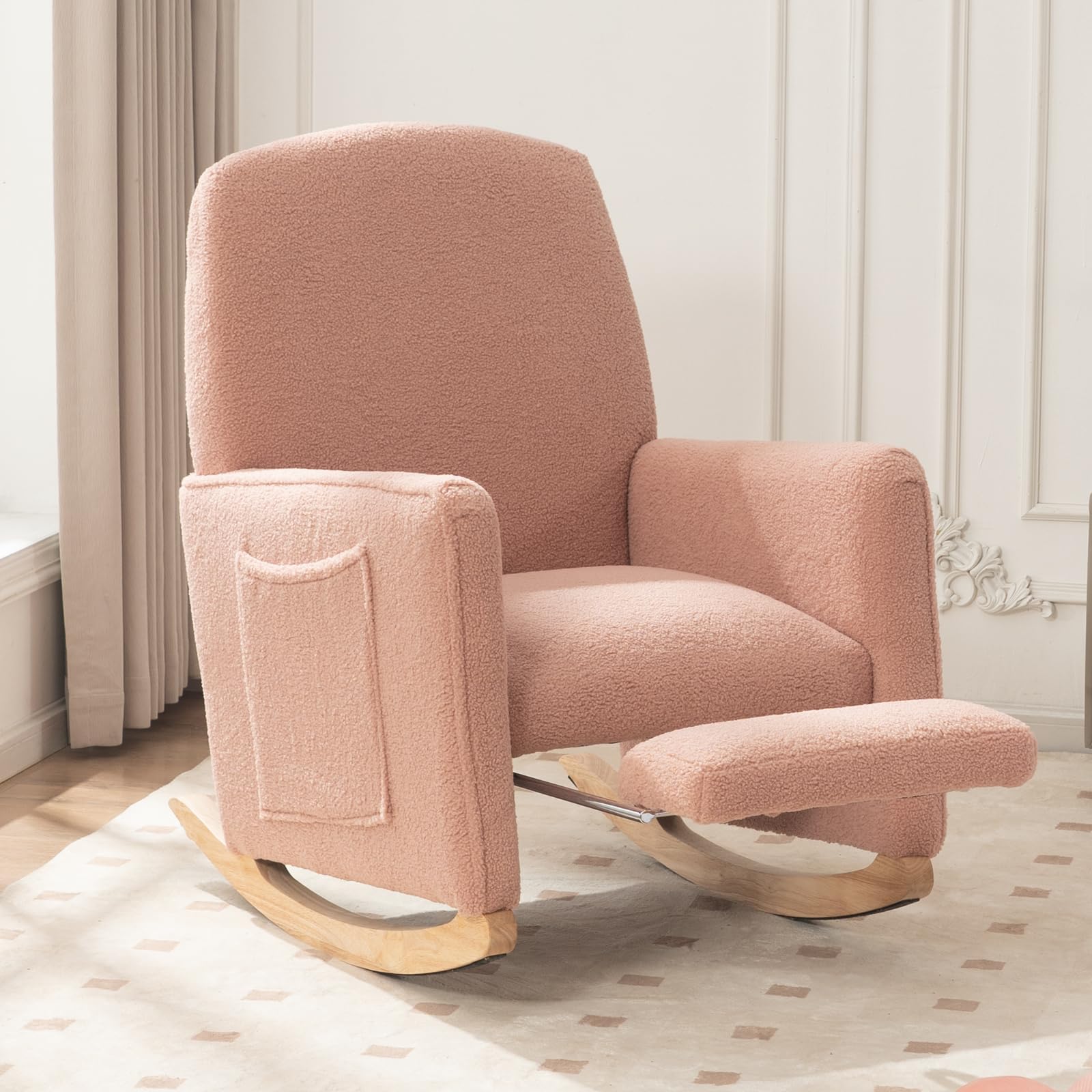 FOXHUNTER Adjustable Nursery Rocking Chair with High Backrest & Footrest - Glider Chair with Side Pockets for Baby Room - Soft Upholstered Rocking Chair for Living Room, Bedroom (Teddy Pink) - Perfect for Nursing, Reading & Relaxing