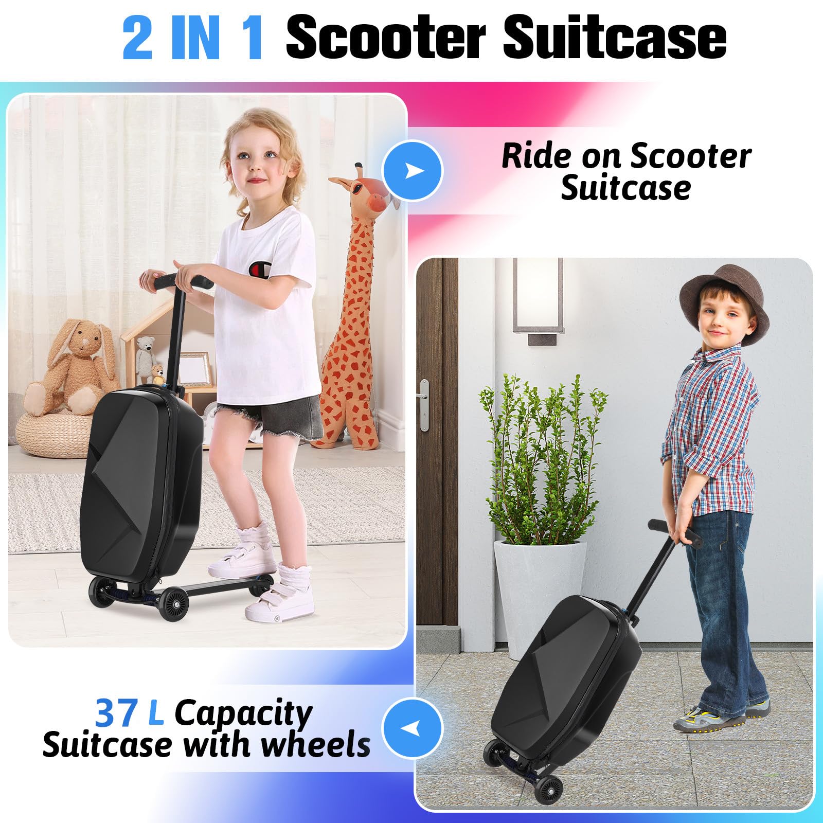 Kids & Adults Ride-On Scooter Luggage - Lightweight Foldable Hardside Carry-On Suitcase with Wheels for Ages 4-15, Multifunctional Travel Suitcase for Children & Teenagers (Charcoal Black) - Perfect for Airports, Family Vacations & School Trips
