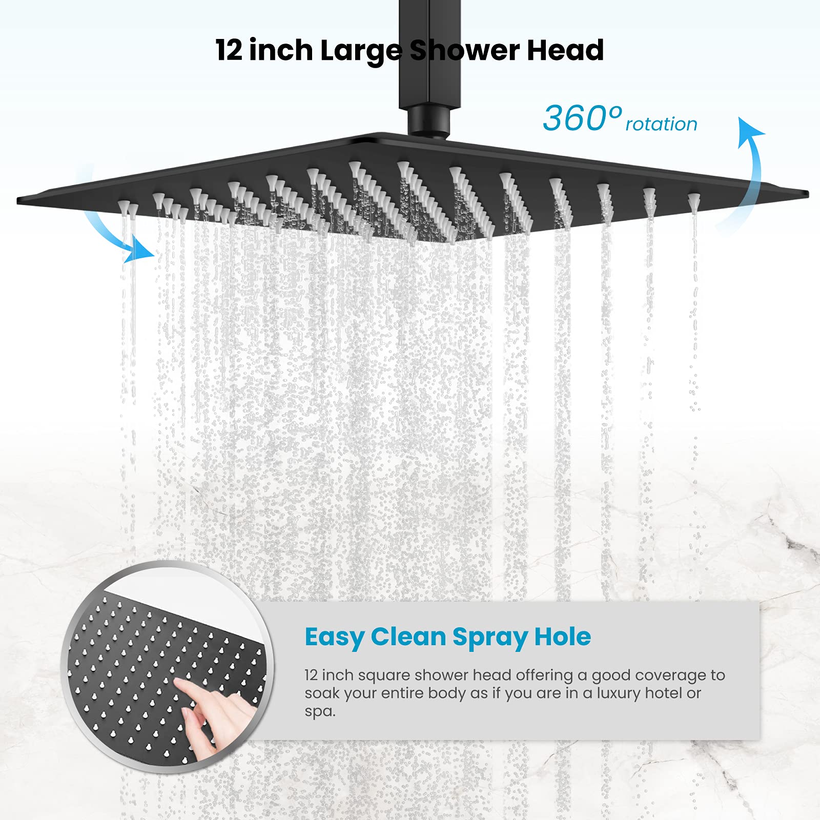 Gotonovo Matte Black 12 Inch Ceiling Mount Shower System - Rain Shower Head & Handheld Combo with Waterfall Tub Spout, Rough-in Valve Kit Included for Luxurious Bathroom Upgrade | Perfect for Modern Home, Spa Experience, and Relaxing Shower Time