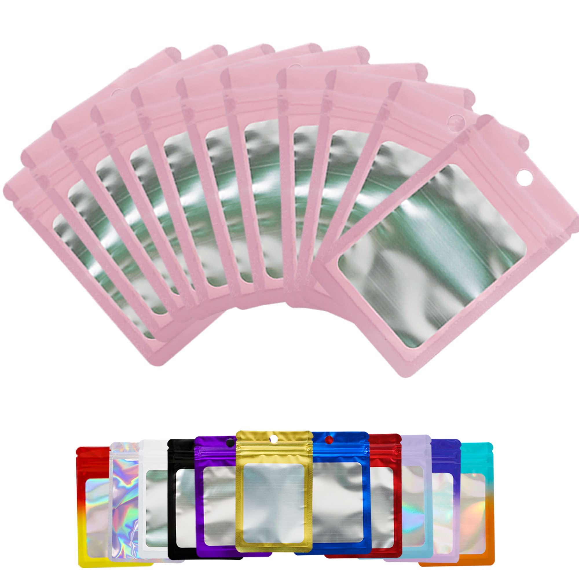 100-Pack Pink Holographic Resealable Mylar Bags with Front Window - 4.33