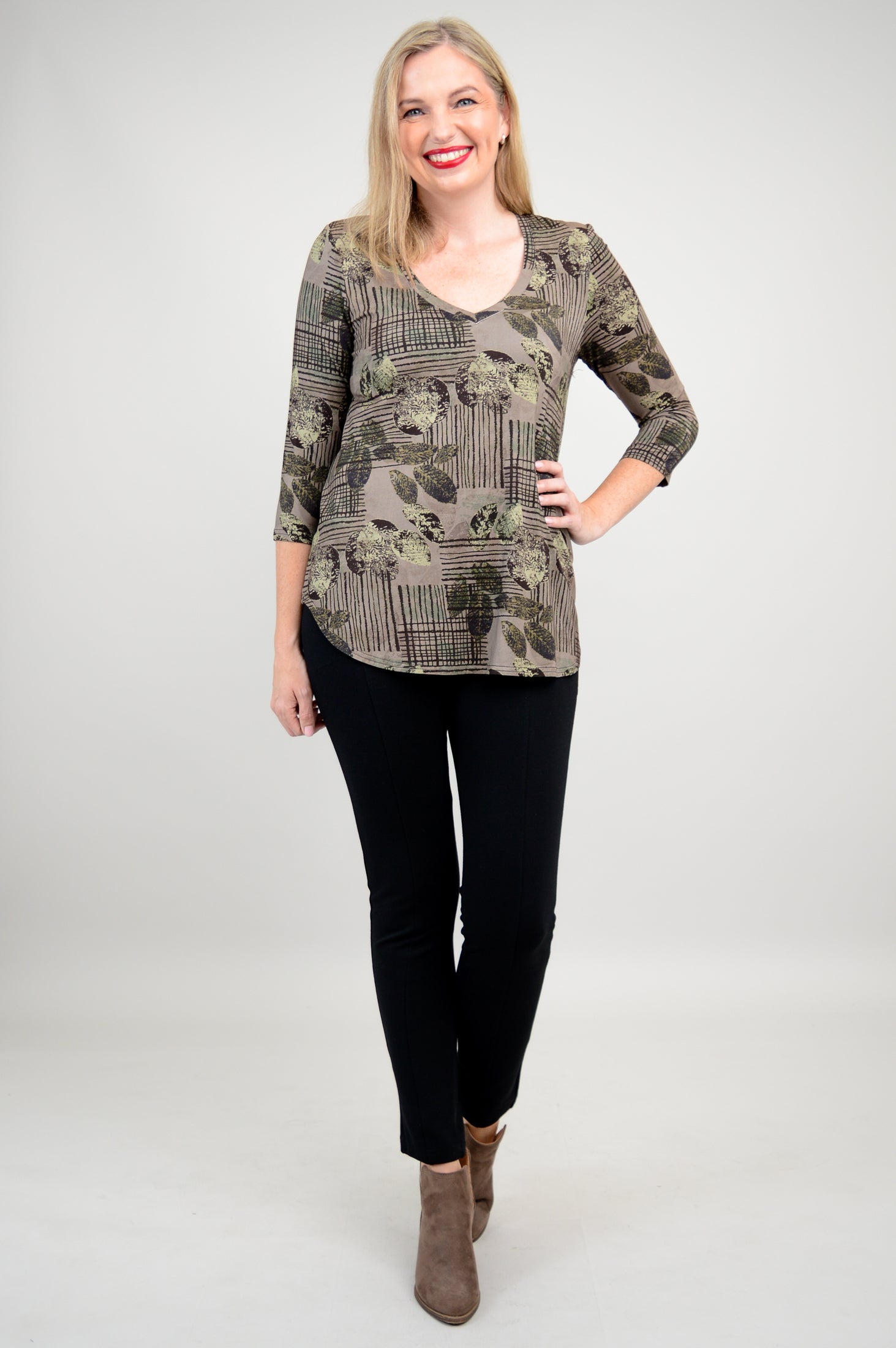 Jackie 3/4 Sleeve Bamboo Top with Fall Sketch Print - Women's Casual Blouse for Autumn Outfits & Office Wear - Final Sale