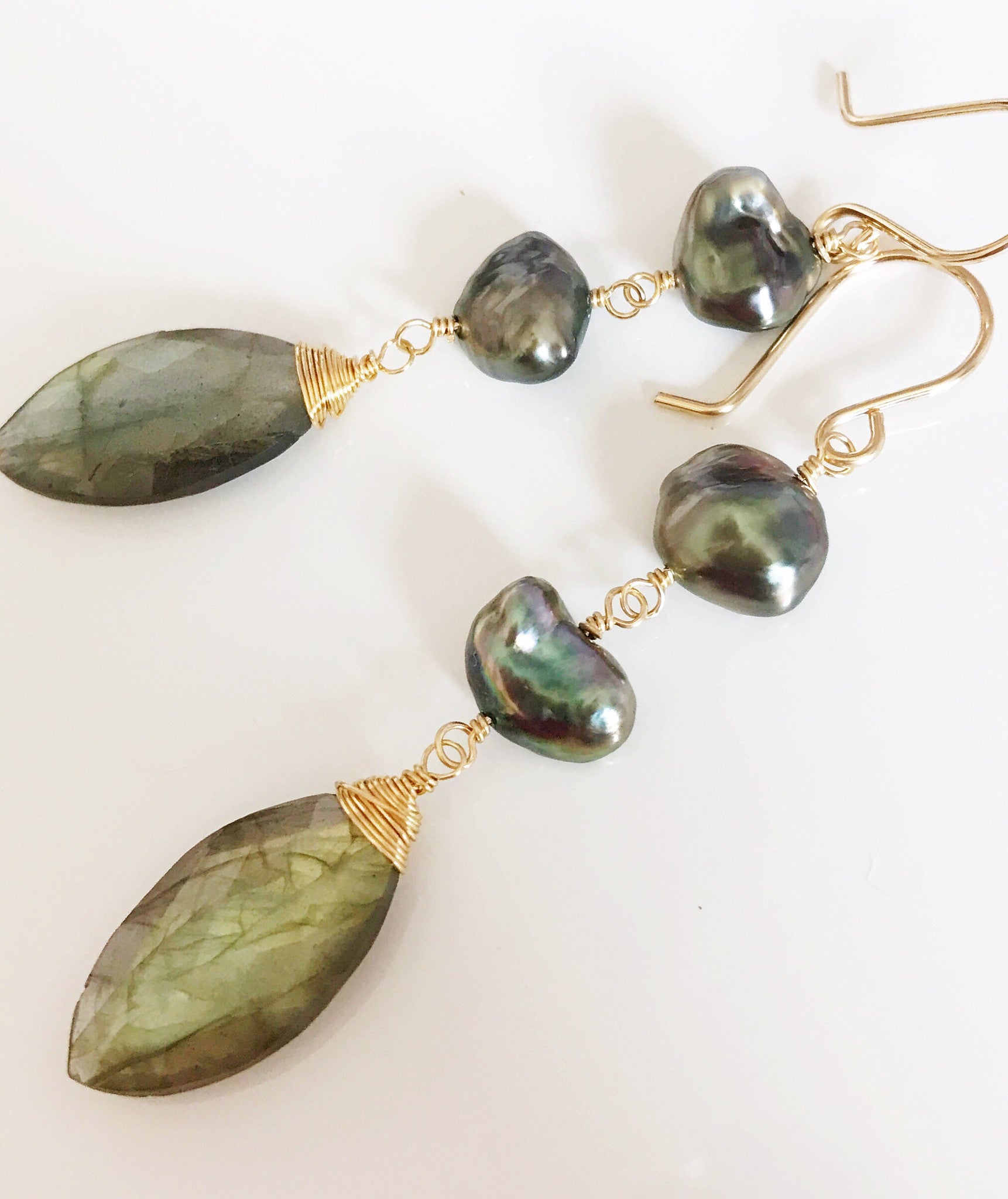 Labradorite & Keshi Tahitian Pearl Earrings (E378) – Elegant Handmade Jewelry for Women, Perfect for Weddings, Parties, and Special Occasions