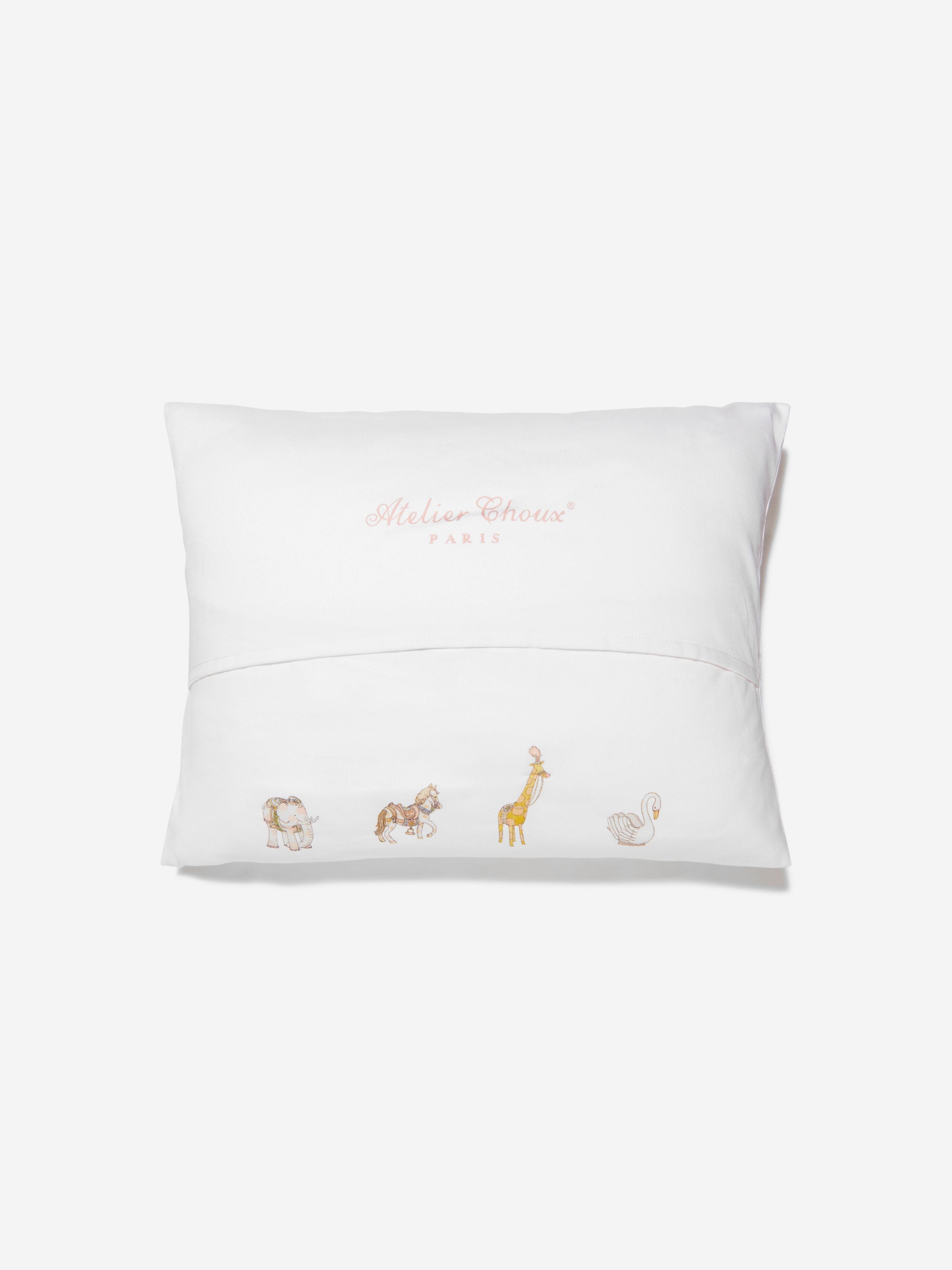 Atelier Choux Girls Carousel Satin Cushion - Pink Decorative Pillow (40x30 cm) for Nursery, Bedroom & Gift Ideas