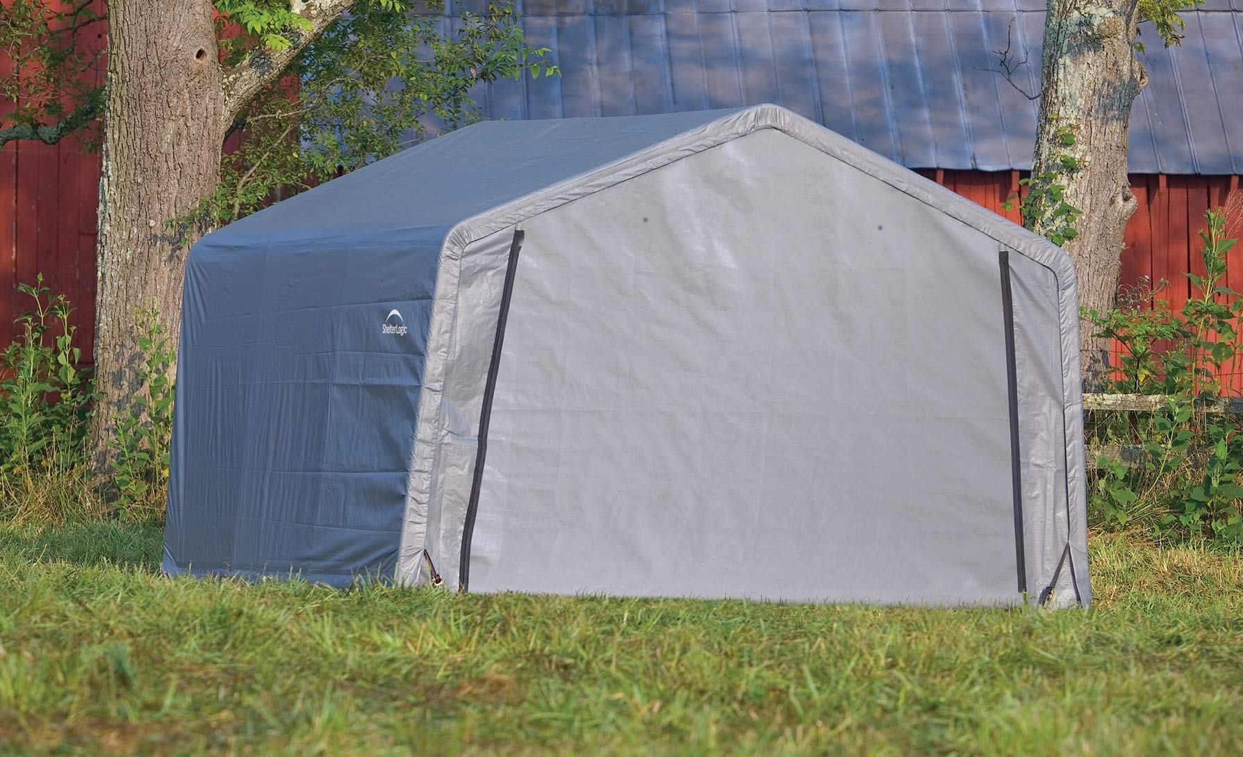 ShelterLogic 12' x 12' All-Season Steel Outdoor Storage Shed with Waterproof Cover & Heavy-Duty Anchors - Weatherproof Metal Shed for Garden Tools, Pool Equipment & Backyard Storage (Peak Roof Design)