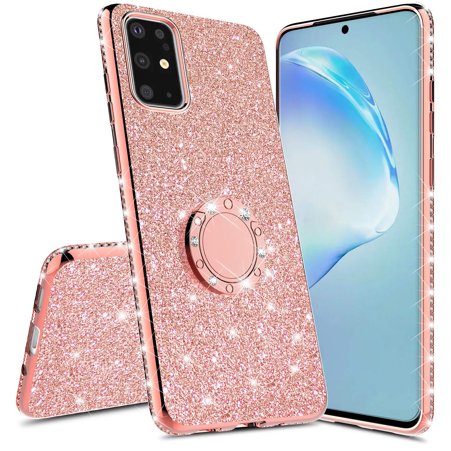 Samsung Galaxy S20 Phone Case - Luxury Glitter Sparkle Bling Cover with Rhinestone Diamond & 360 Ring Grip Kickstand - Rose Gold - Perfect for Girls, Women, Everyday Use & Special Occasions