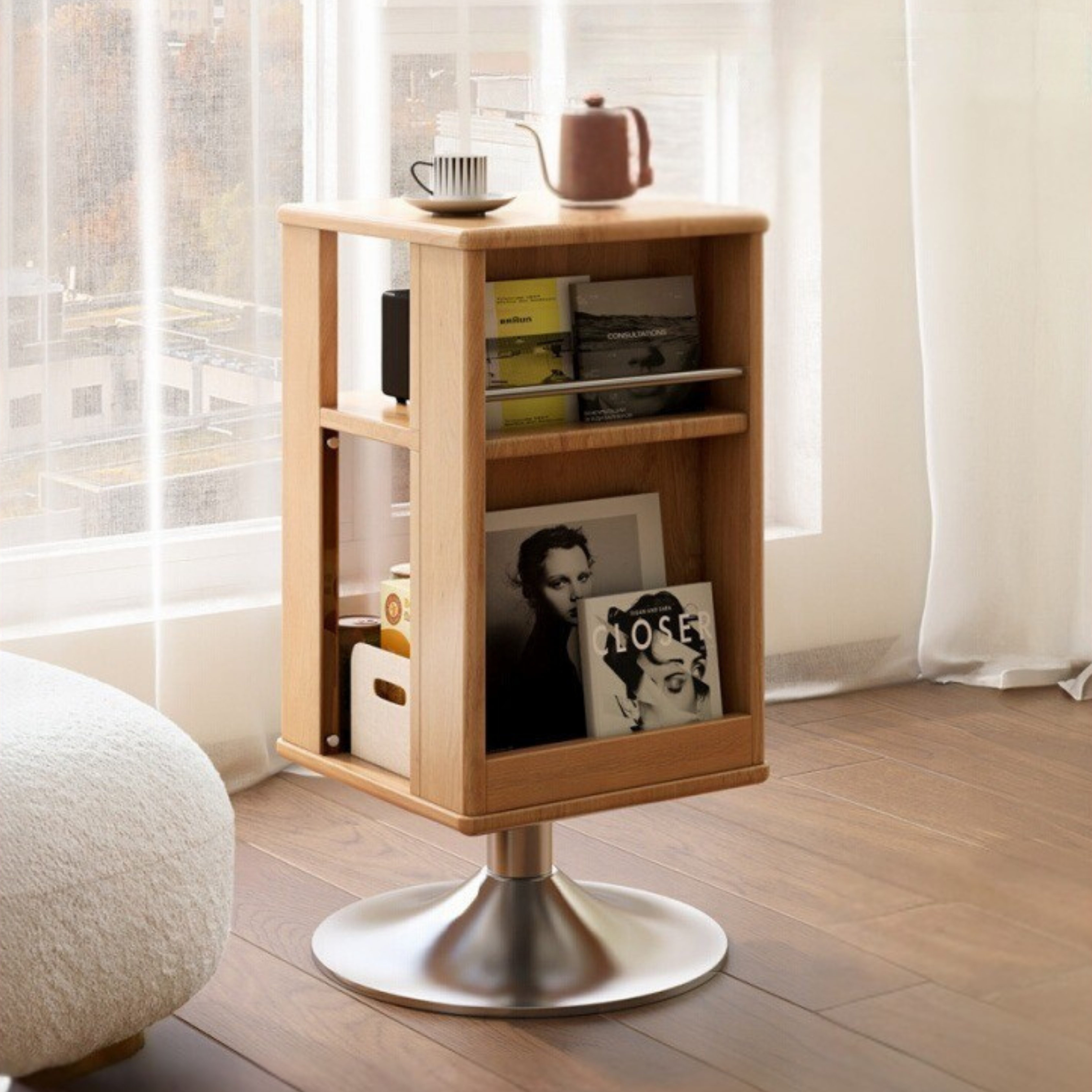 Solid Oak Wood Rotating Side Cabinet - 360° Swivel Storage Organizer for Living Room, Bedroom, or Office - Perfect for Small Spaces & Home Decor