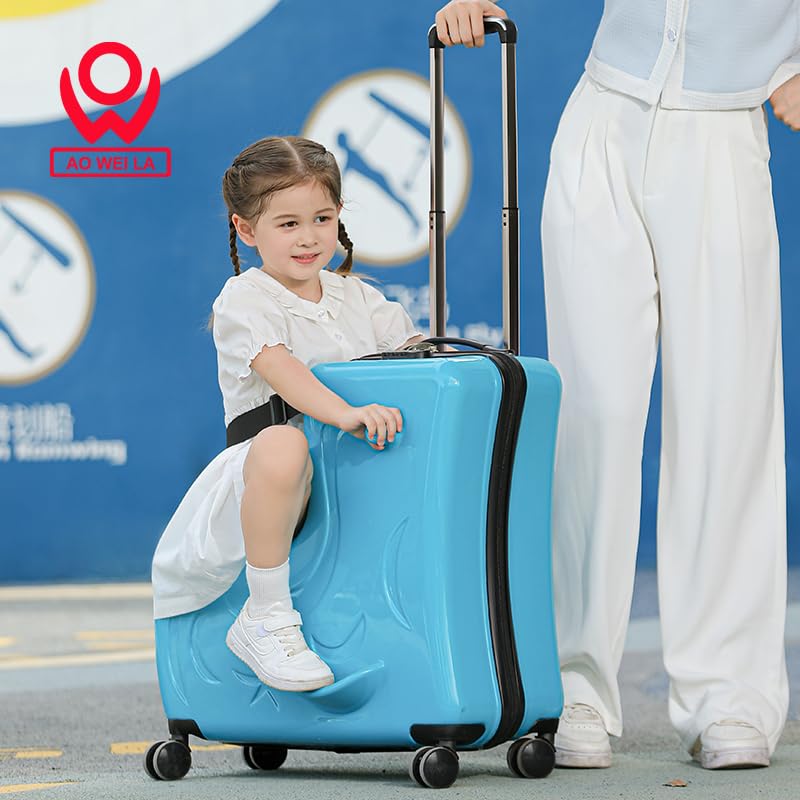OW Kids Ride-On Suitcase with Wheels - 24 Inch Blue Duffle Bag Carry-On Luggage for Children (Ages 6-12) - Perfect for Air Travel, Road Trips & School Adventures