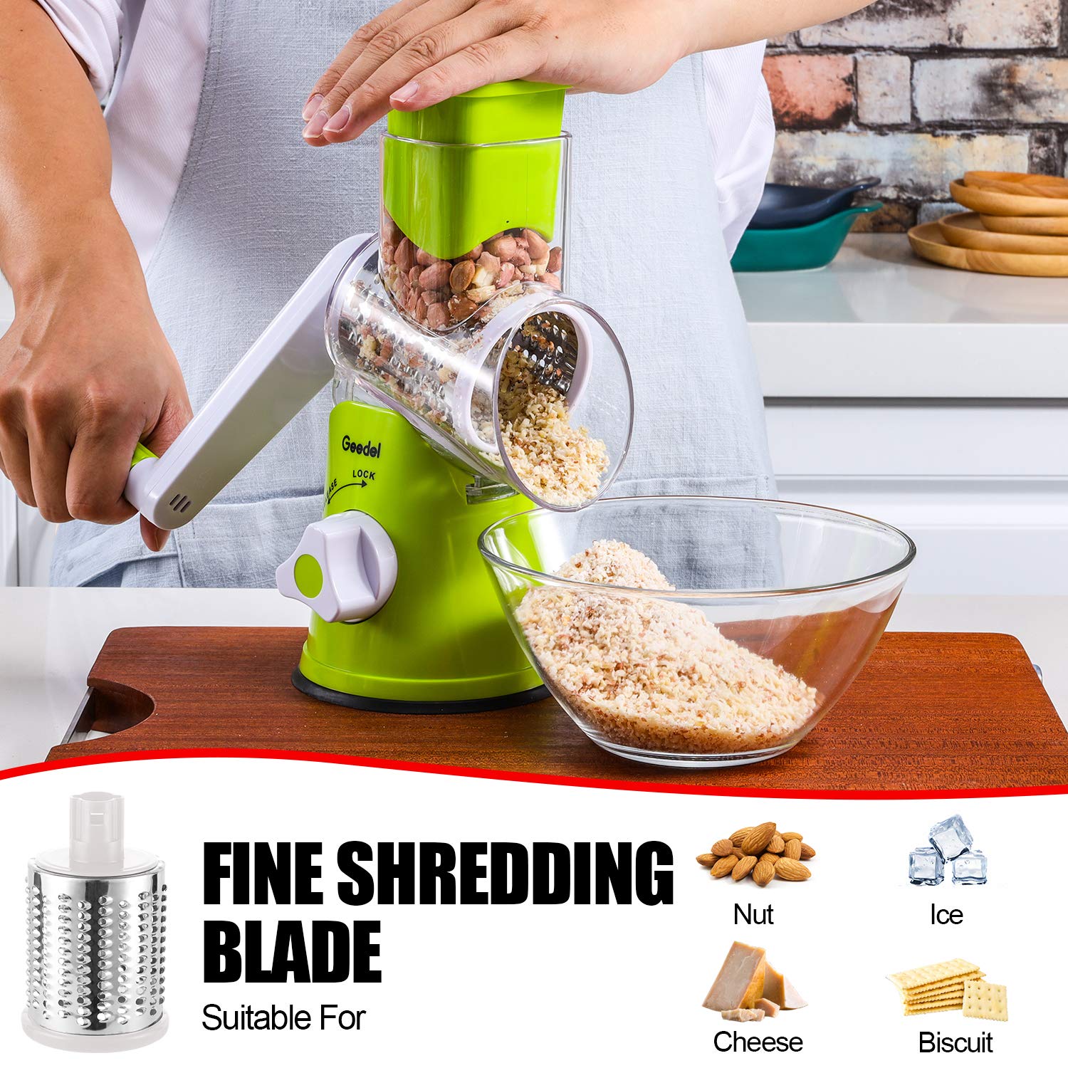 Geedel Rotary Cheese Grater & Vegetable Slicer - 3 Interchangeable Blades for Fruits, Veggies, Nuts - Easy Clean Kitchen Mandoline - Perfect for Salads, Pasta, Pizza & Meal Prep
