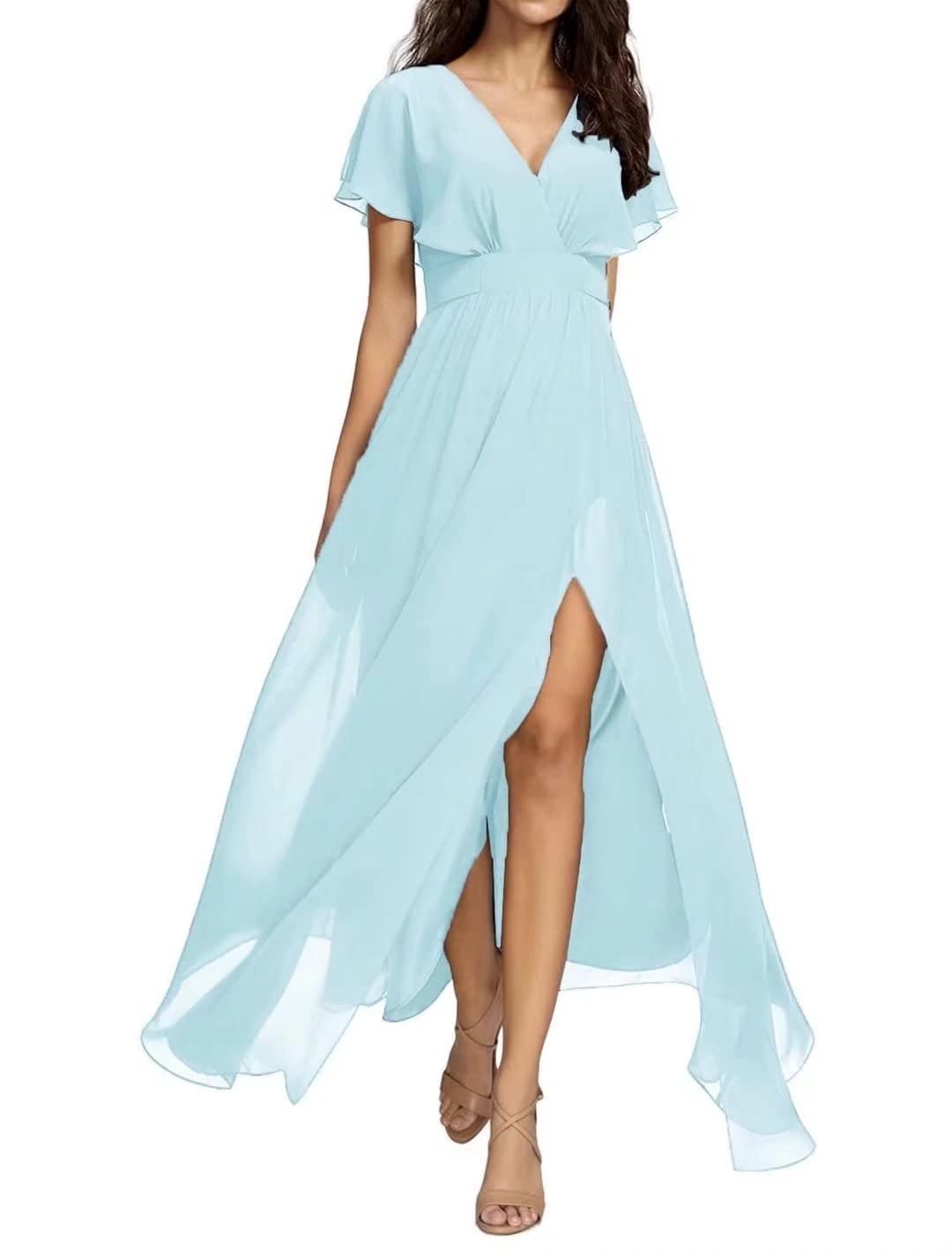 Elegant Yadressy Bridesmaid Dresses with Slit & Ruffle Sleeves - Long Chiffon Maxi Dress A-Line Formal Gown for Women | Perfect for Evening Parties, Weddings & Special Occasions