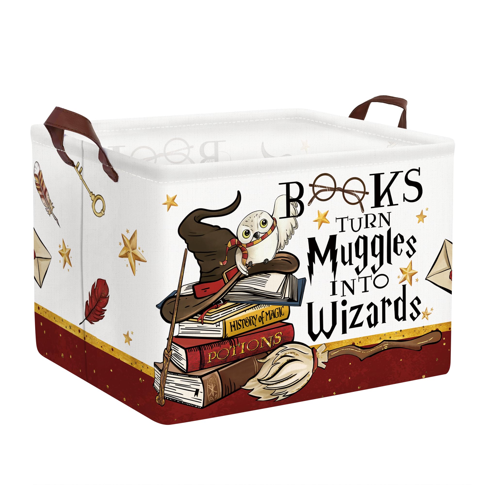 Clastyle Magic Nursery Decor - Large Brown Feather Wand Hat Basket & Broomstick Owl Gift for Kids | Collapsible Toy Bin, Book Shelf & Clothes Storage | Perfect for Baby Room Organization & Themed Birthday Parties
