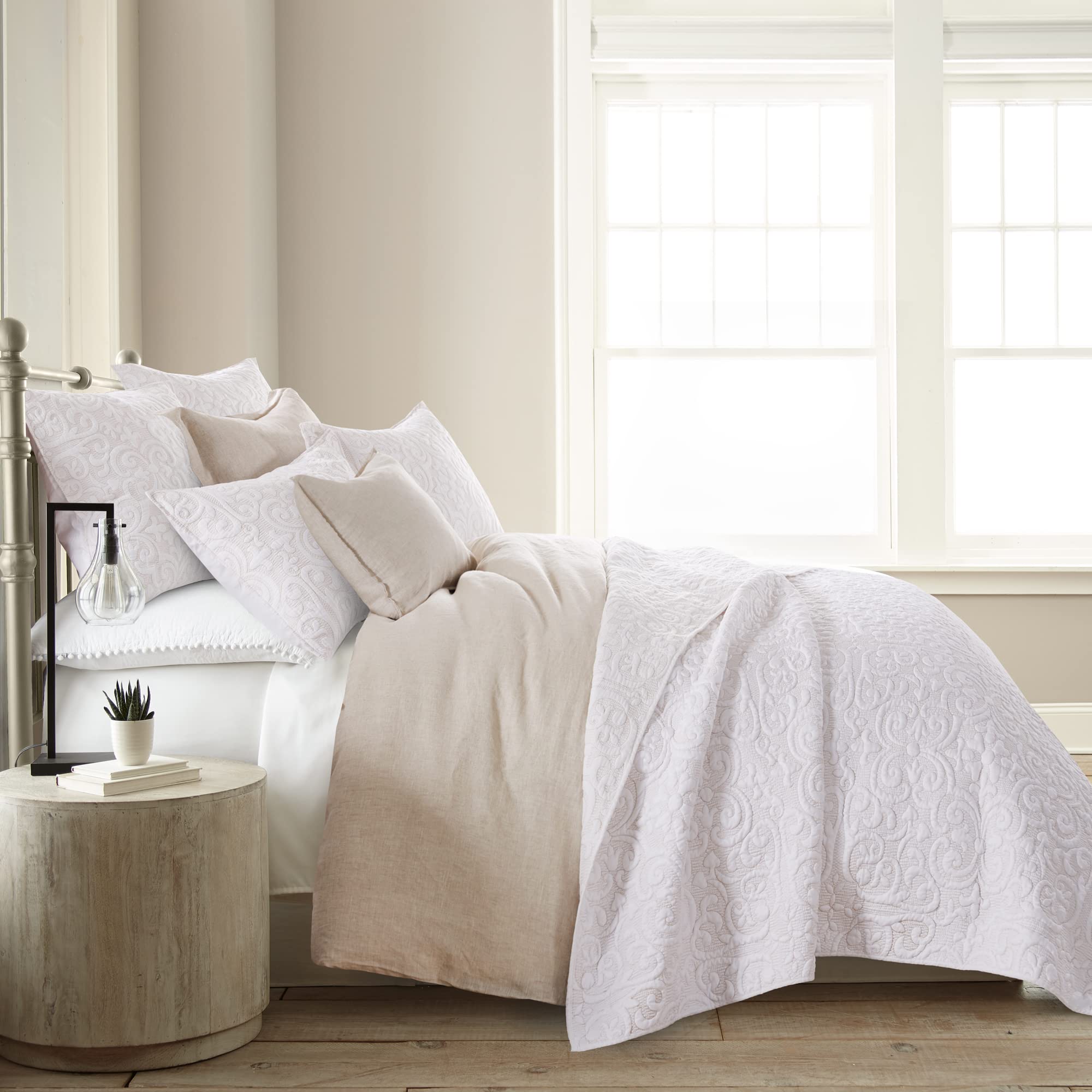 Levtex Home Sherbourne Cream Taupe Stitch Quilt - Twin Size (68x86 Inches) - Reversible Cotton Polyester Blend - Quilted Medallion Design - Perfect for Bedroom, Guest Room & Cozy Home Decor