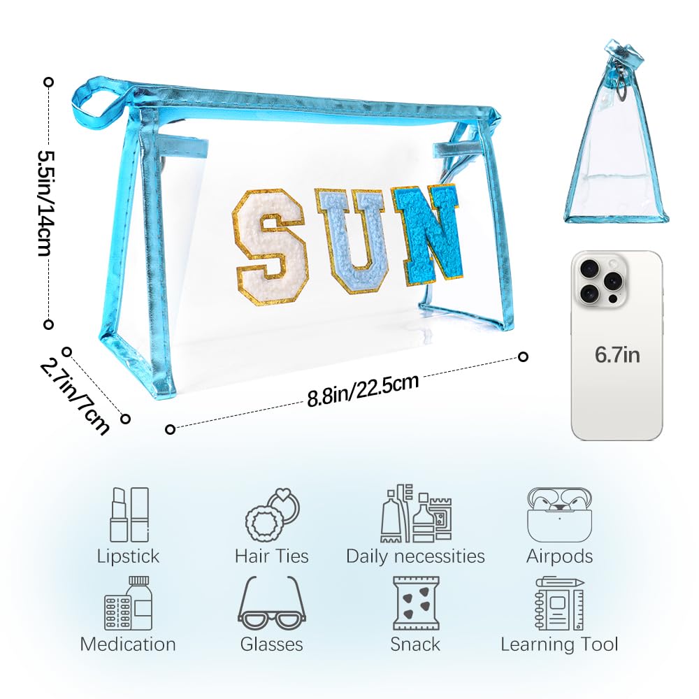 Clear Makeup Bag for Women & Teens - Preppy Patch SUN Varsity Letter Cosmetic Pouch, Transparent PVC Zipper Toiletry Bag, Waterproof Travel Organizer for Cosmetics, Sunscreen & Essentials | Perfect for Travel, Gym, Beach & Daily Use