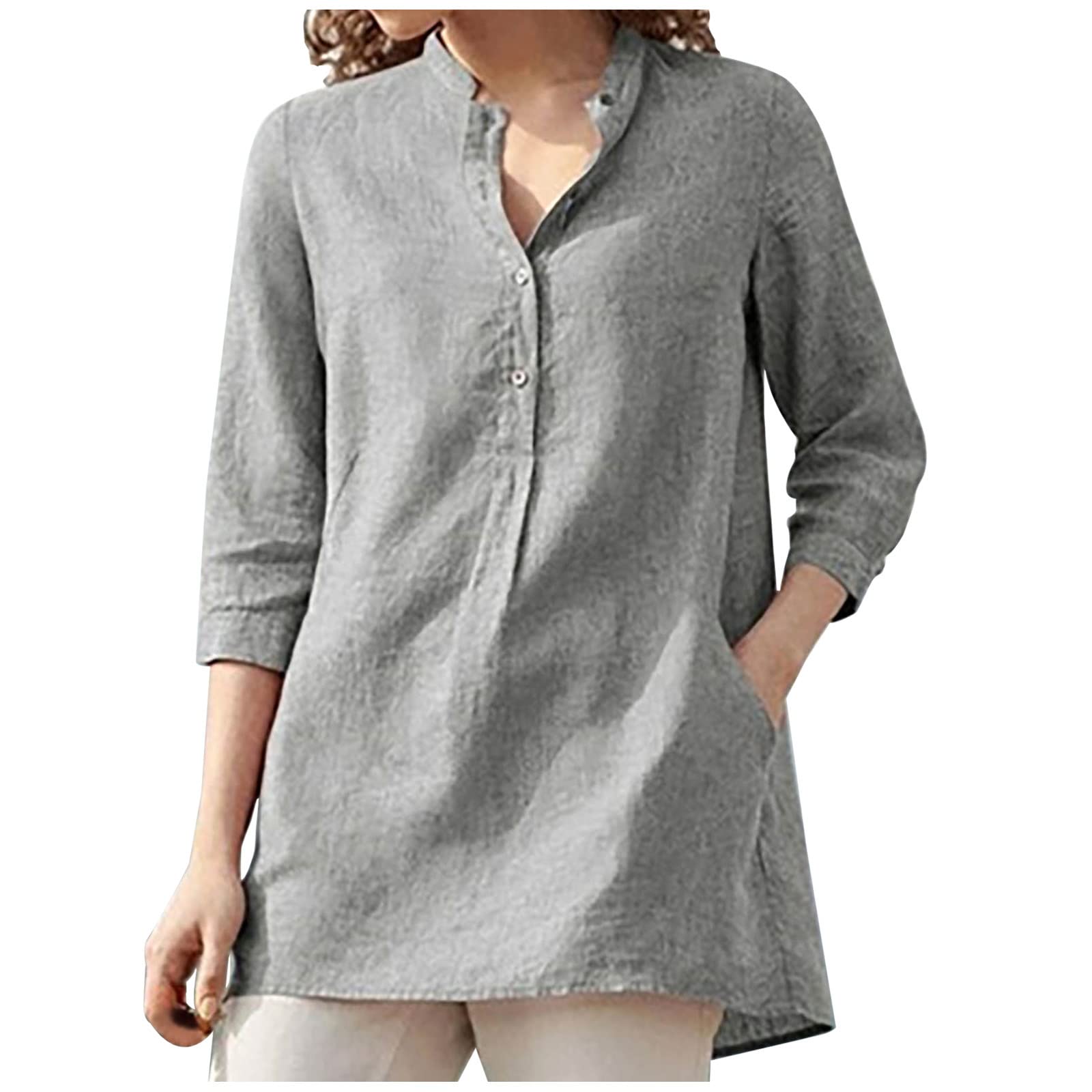 Women's Cotton V-Neck Tunic Top with 3/4 Sleeves - Casual Linen Blouse for Leggings | Fall Fashion Pullover Shirt for Everyday Wear & Layering