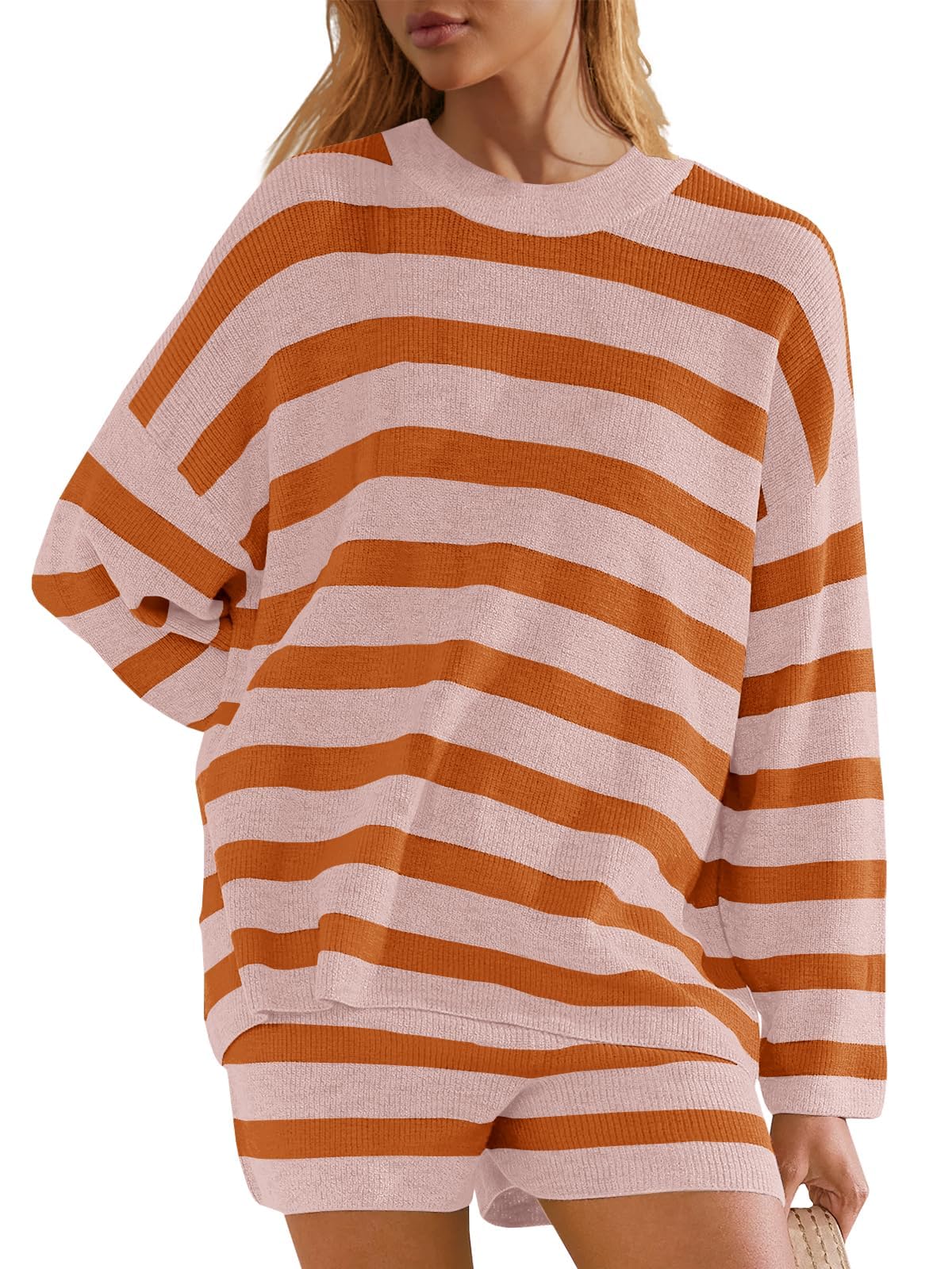 Panadila Women's Striped Sweater Set - Oversized Lounge Pajama Set with Long Sleeve Top and Shorts | Cozy Matching Outfit for Home, Sleepwear & Casual Wear