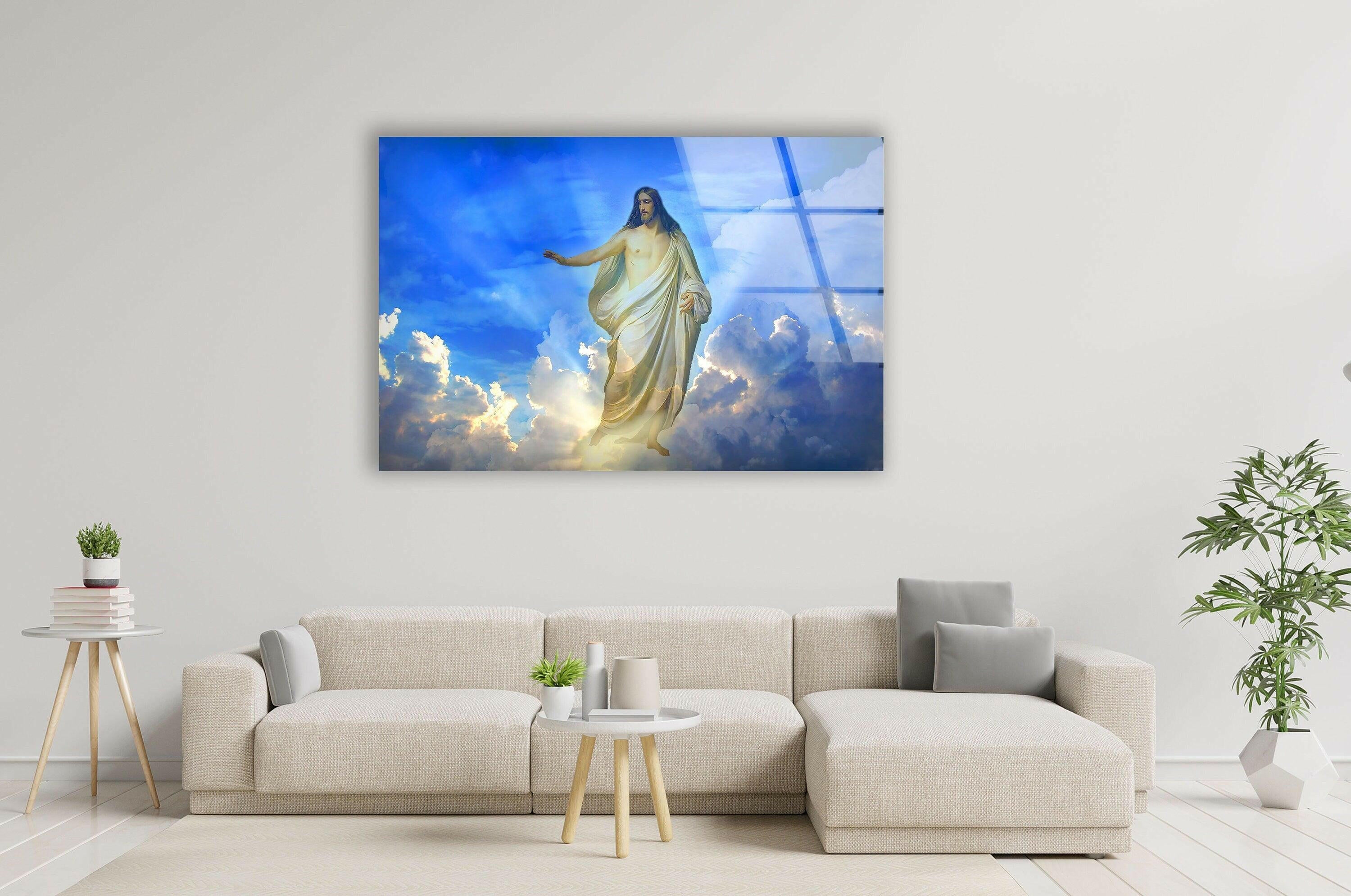 Blue Christian Jesus Cross Glass Wall Art - Handmade Religious Home Decor for Church, Bedroom & Office - Perfect Gift for Faithful Believers