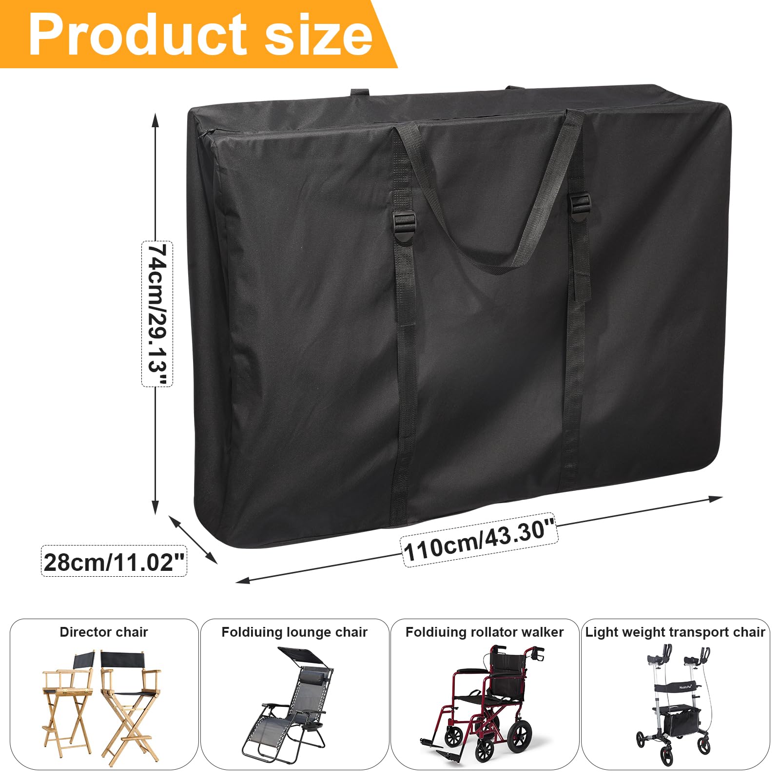 Heavy-Duty 600D Folding Chair Storage Bag with Zipper & Adjustable Straps - Waterproof Outdoor Chair Cover for Zero Gravity Chairs, Portable Carry Case for Camping, Beach, Picnics and Patio Furniture (Black)