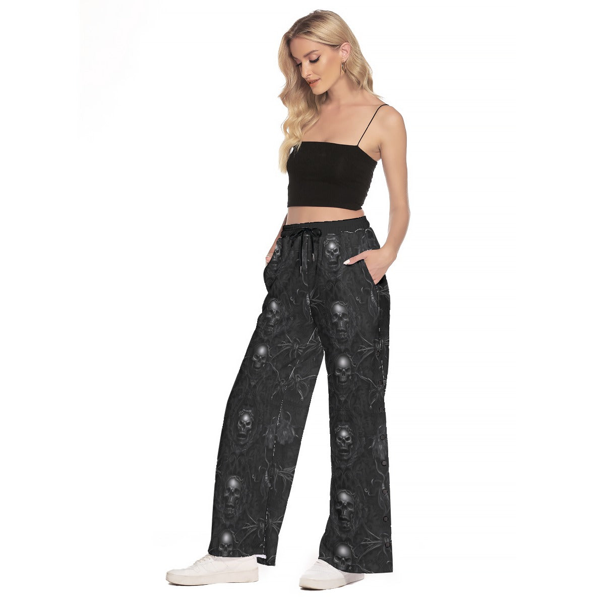Gothic Skull Print Side Slit Snap Button Pants for Women - Edgy Streetwear & Punk Fashion - Perfect for Concerts, Halloween & Alternative Outfits