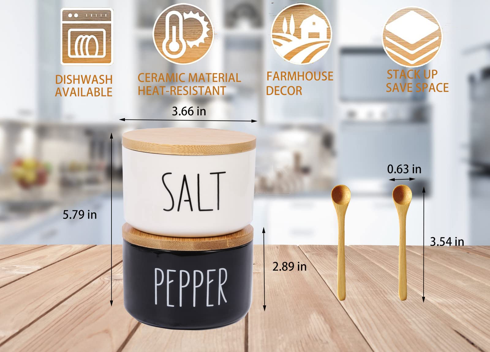 Farmhouse Salt and Pepper Bowls Set - Stackable Ceramic Salt Cellar with Bamboo Lid - Airtight Salt Container with Spoon - Modern Farmhouse Kitchen Decor for Dining Table & Countertop - Spice Storage Box (Black & White) - Perfect for Cooking, Baking & Seasoning Dishes